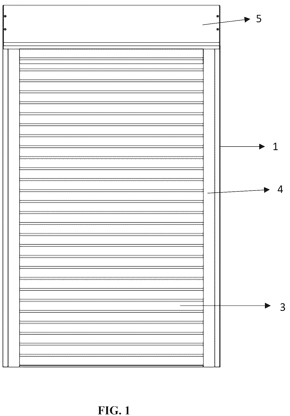 Patent US12460474 Figure 1 – Storm shutter integrated into a window or door
