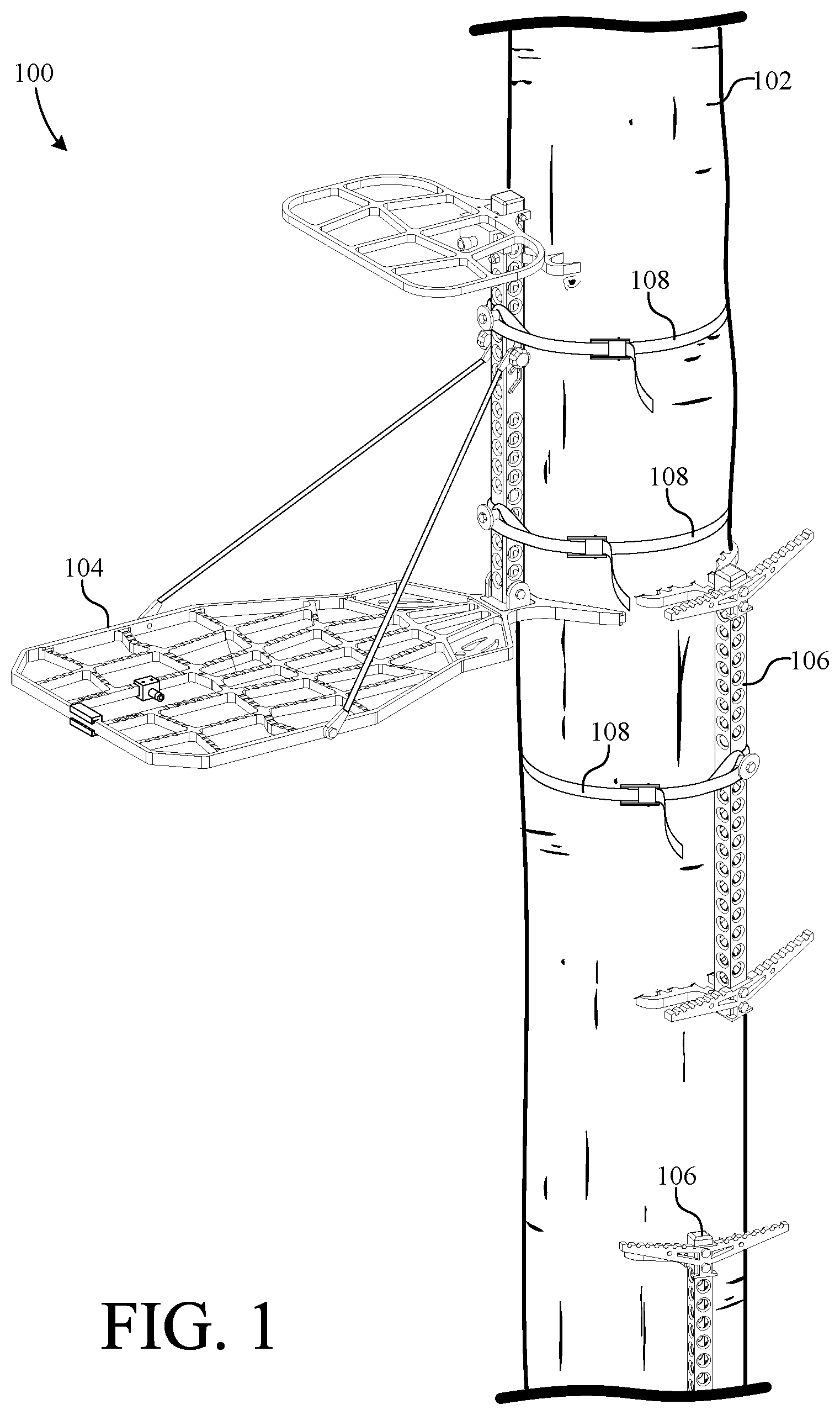 Patent US12460478 Figure 1 – Climbing stick with wrap-around step and tree engaging structure