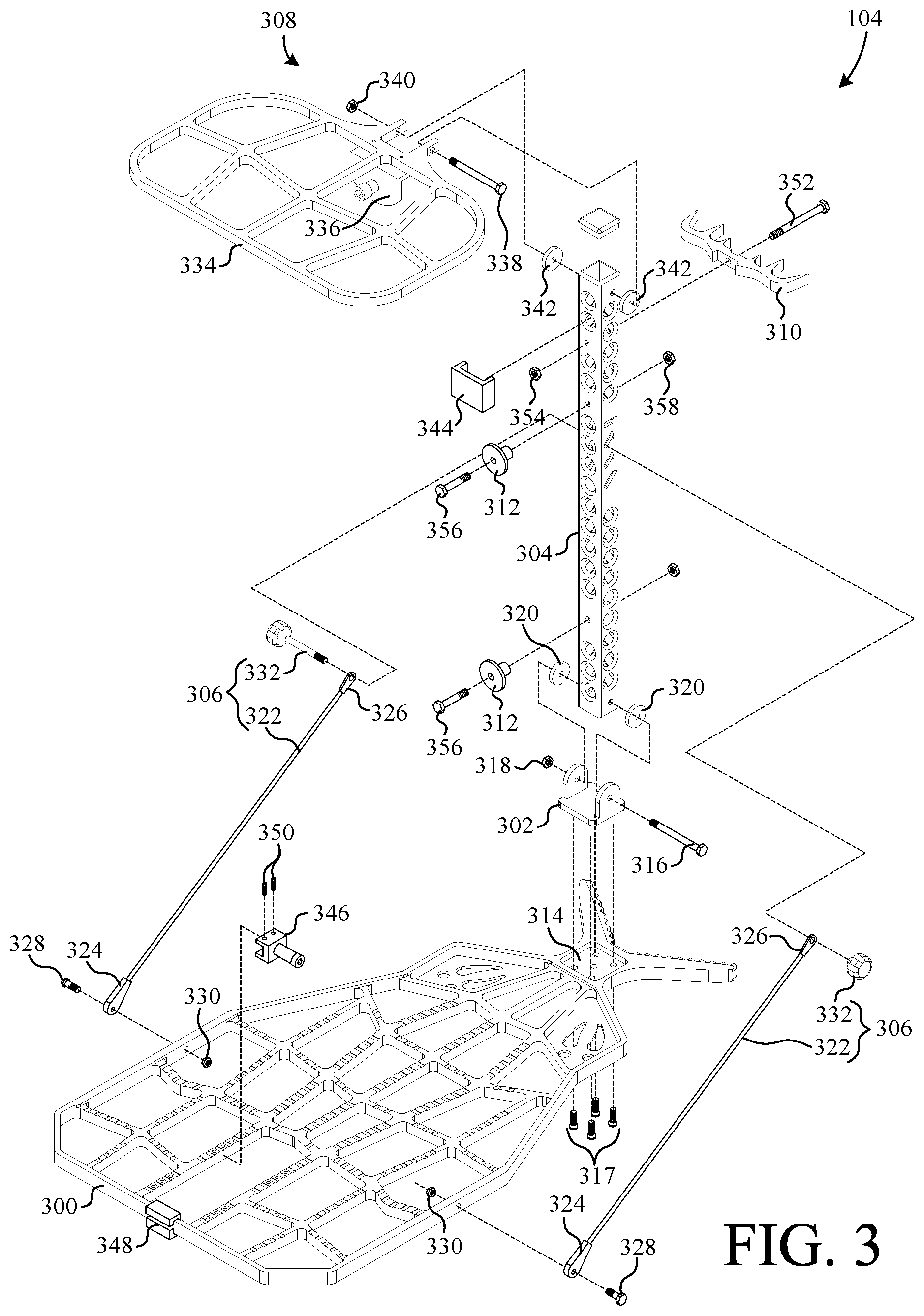 Patent US12460478 Figure 3 – Climbing stick with wrap-around step and tree engaging structure