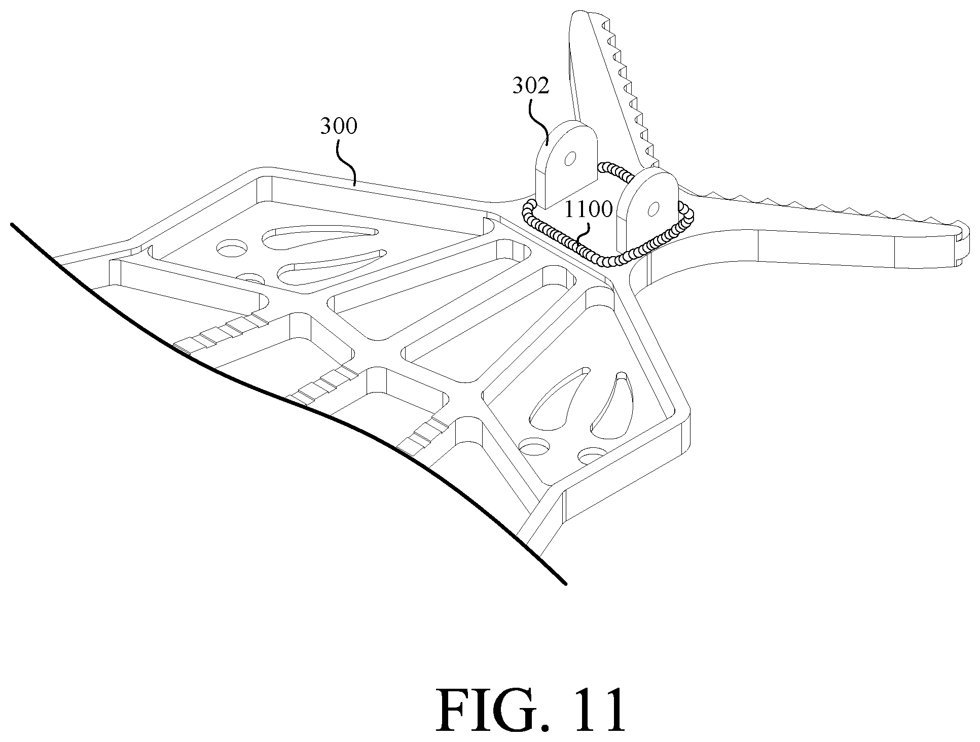 Patent US12460478 Figure 12 – Climbing stick with wrap-around step and tree engaging structure