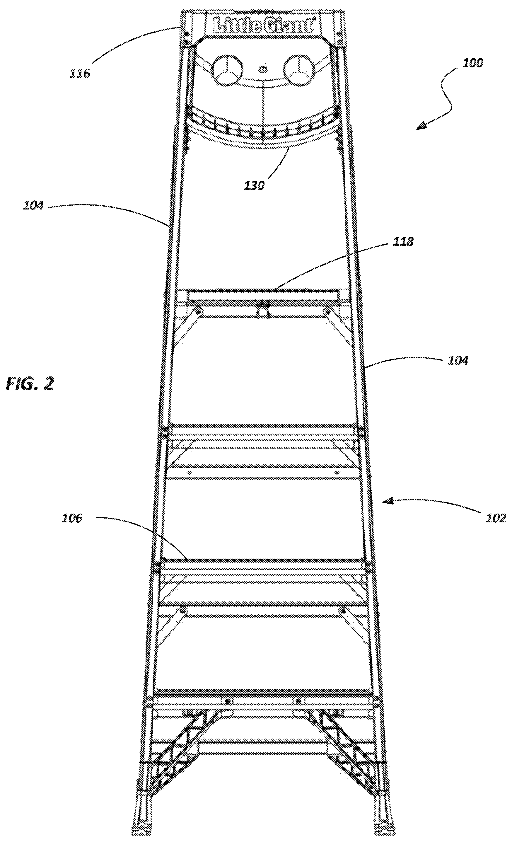 Patent US12460479 Figure 2 – Top cap and accessory tray for ladders and ladders incorporating same