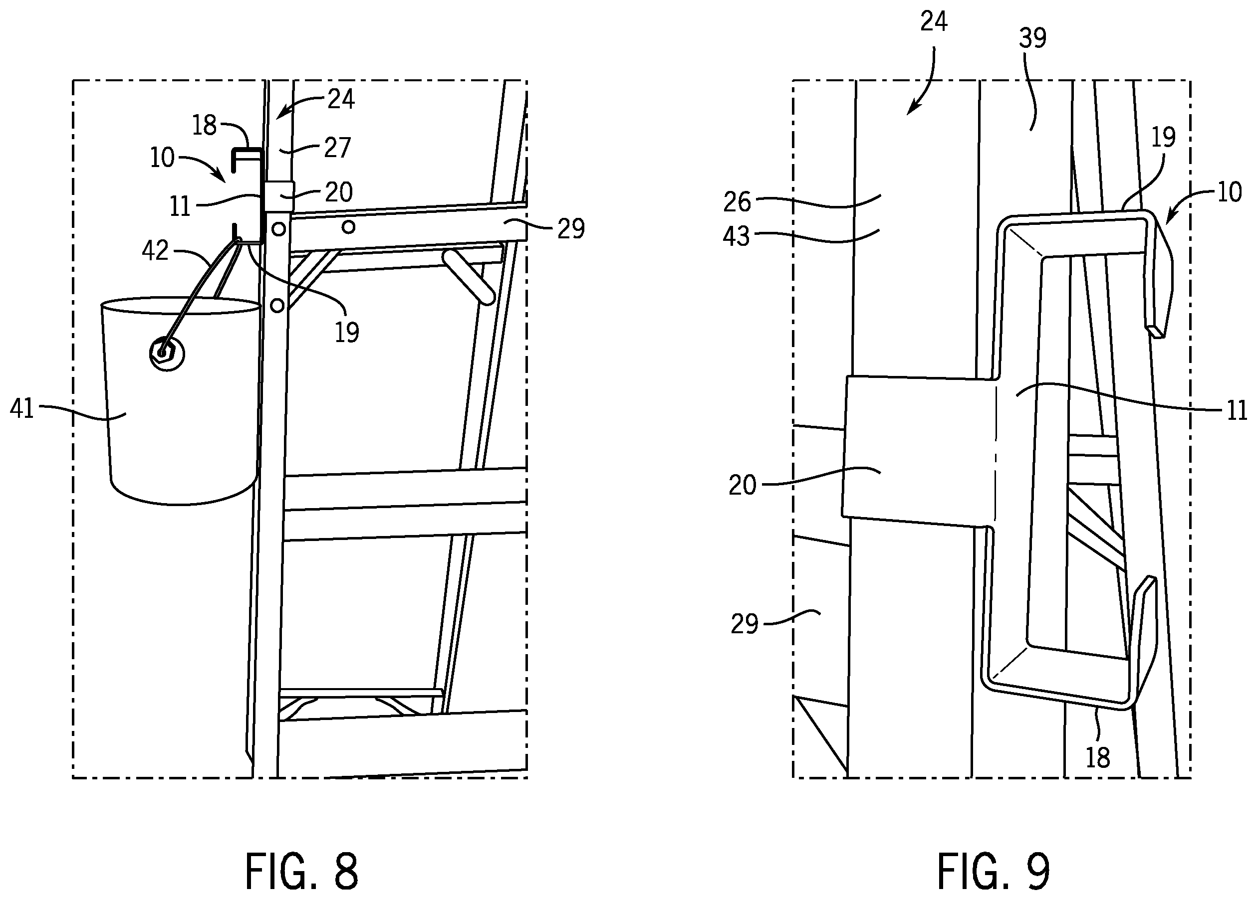 Patent US12460480 Figure 6 – One-piece tripe-hook support device for ladder side rails