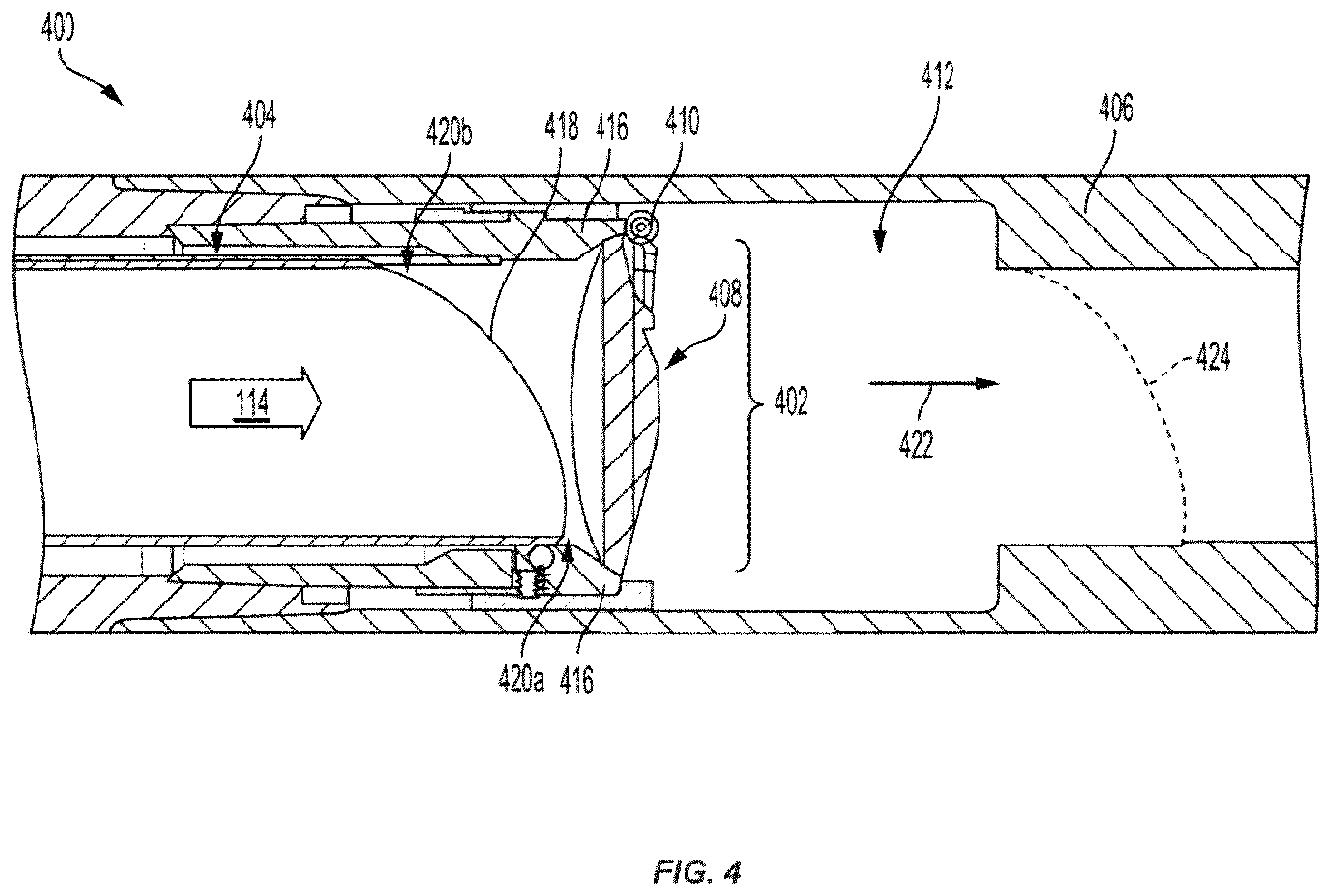 Patent US12460509 Figure 4 – Curved flow tube to slow a closure of a flow valve