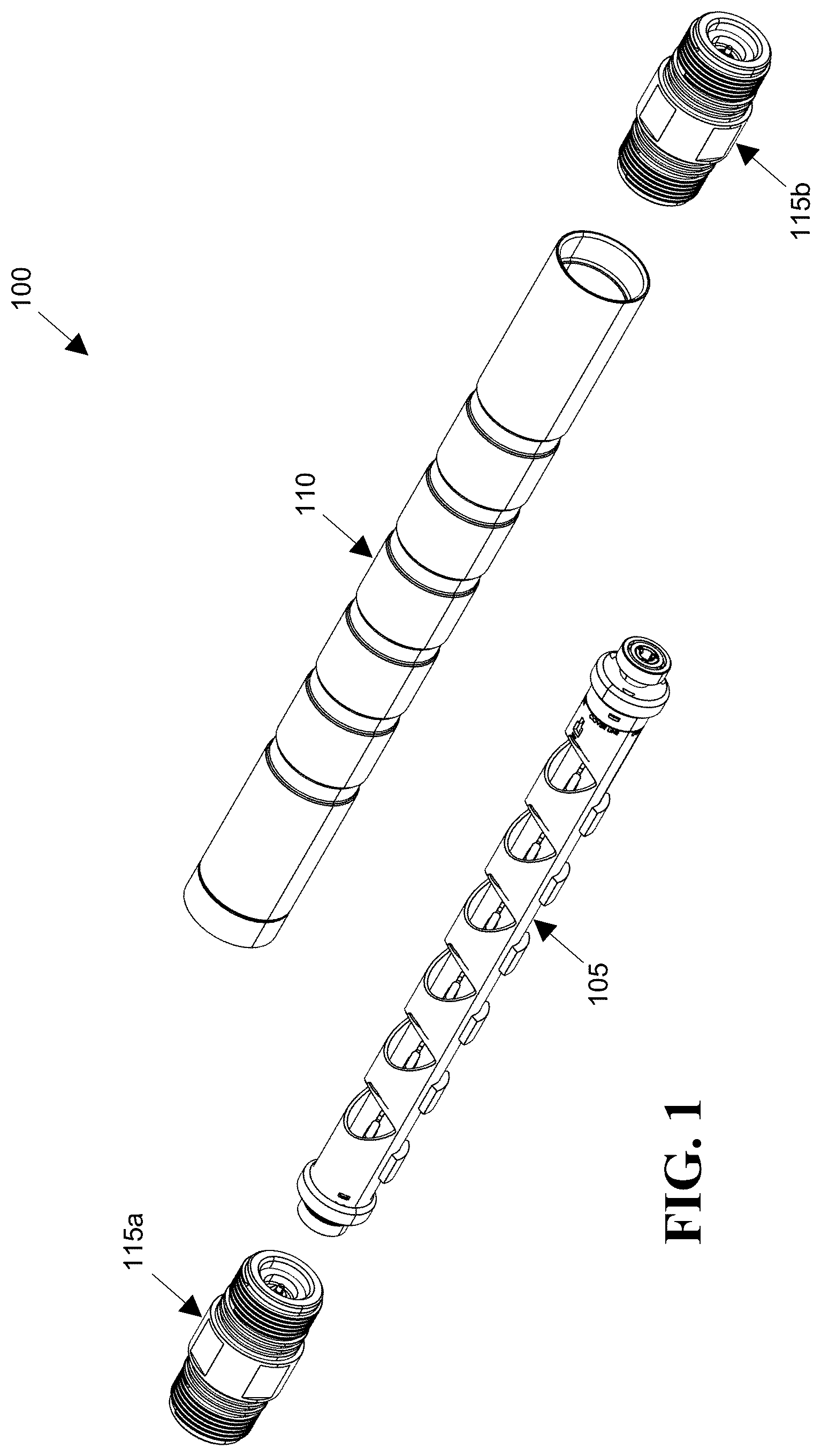 Patent US12460518 Figure 1 – Perforating gun with self-orienting charge cartridge