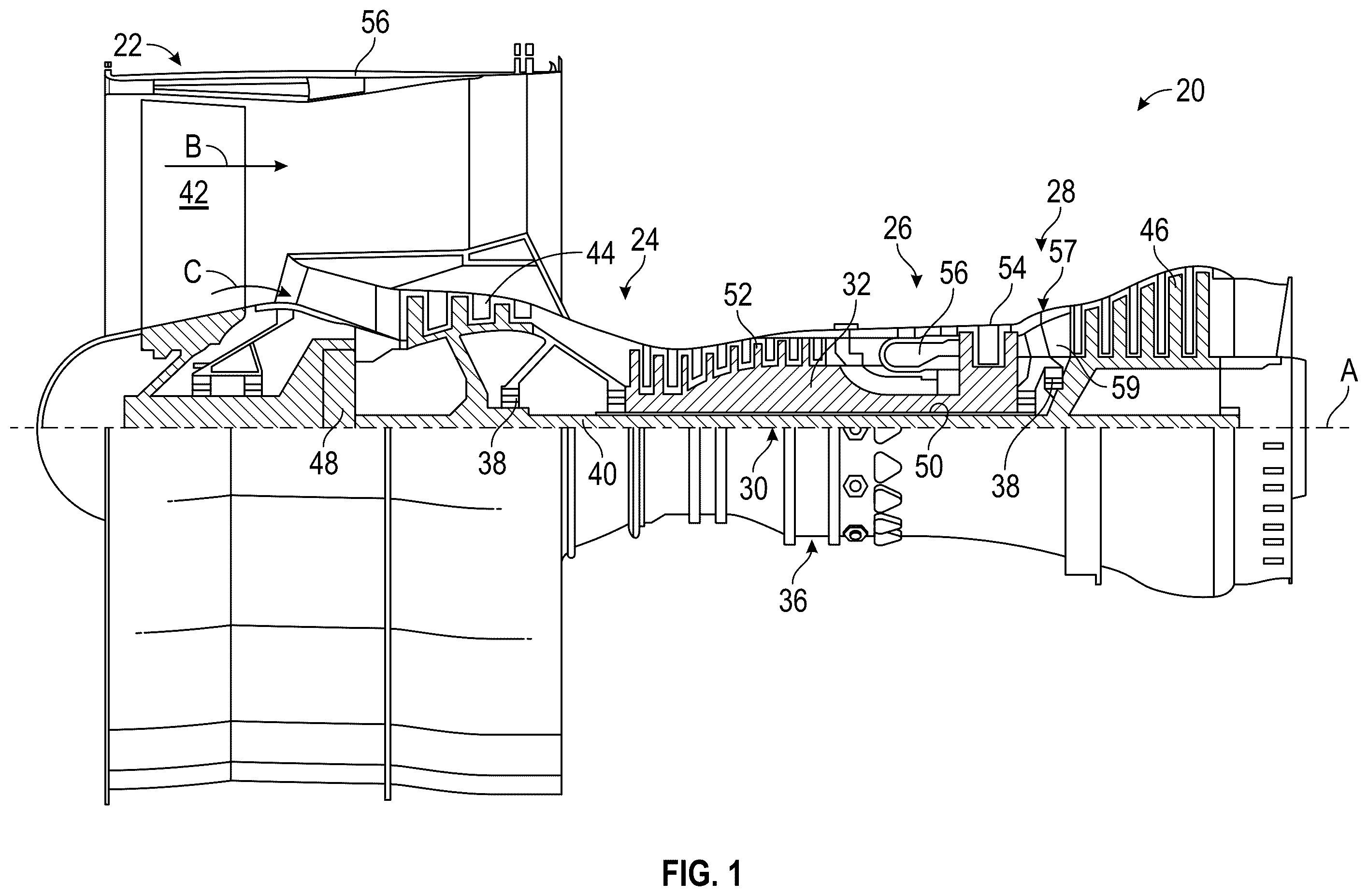 Patent US12460559 Figure 1 – Support structure and spring for bearing compartment