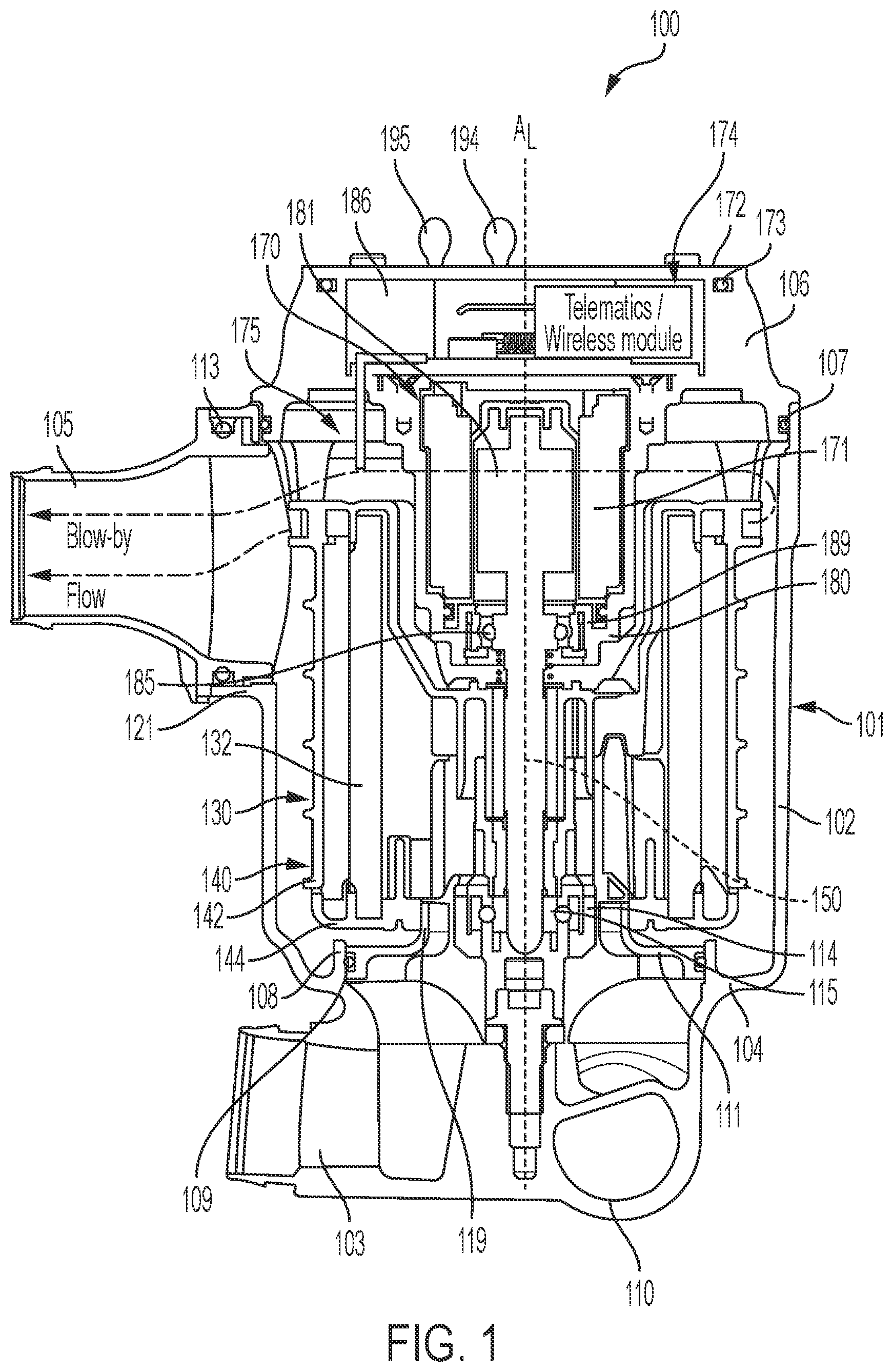 Patent US12460564 Figure 1 – Crankcase ventilation systems including integrated sensors and controller