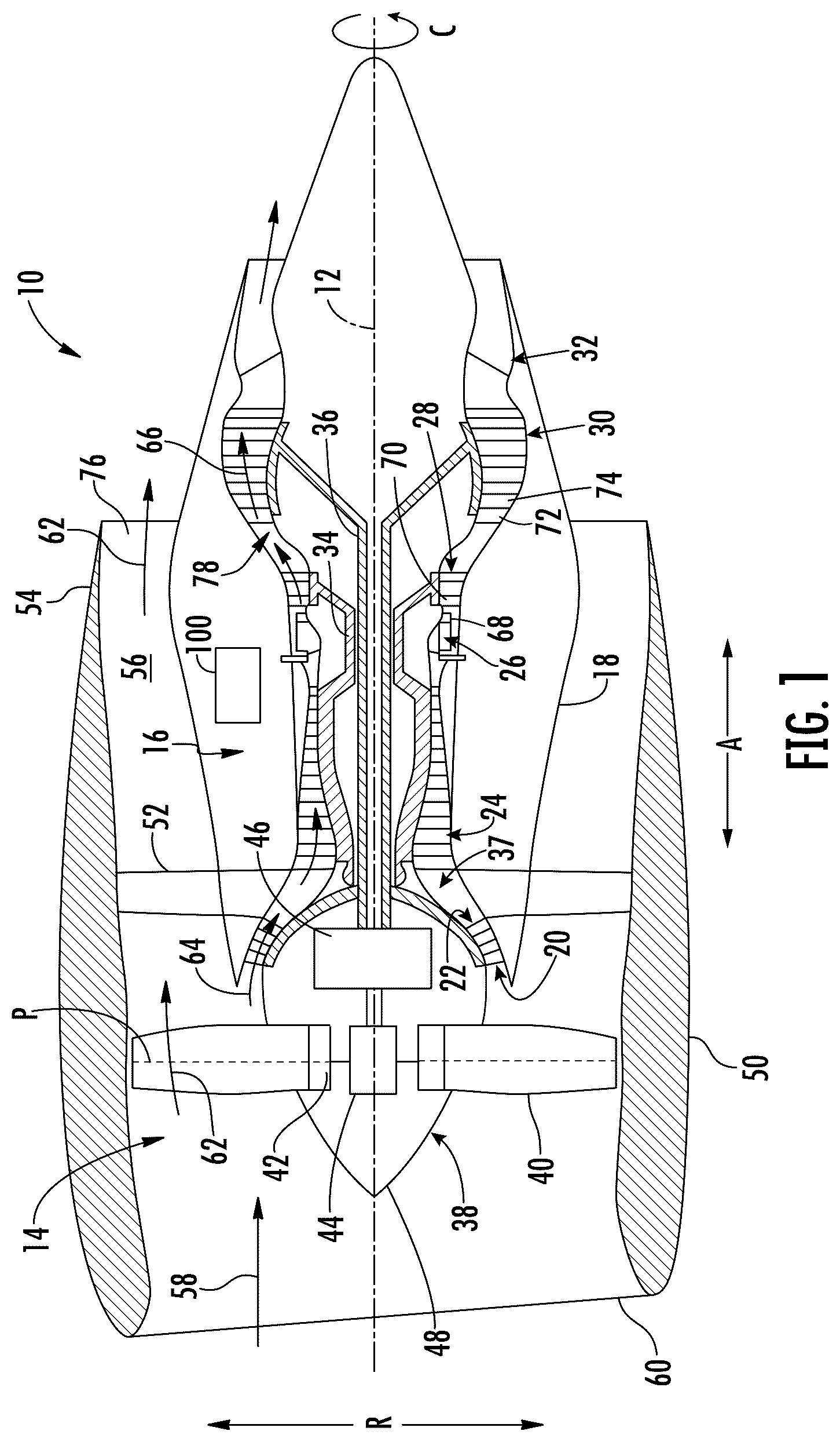 Patent US12460574 — Gas turbine engine having cooling systems — Figure 1