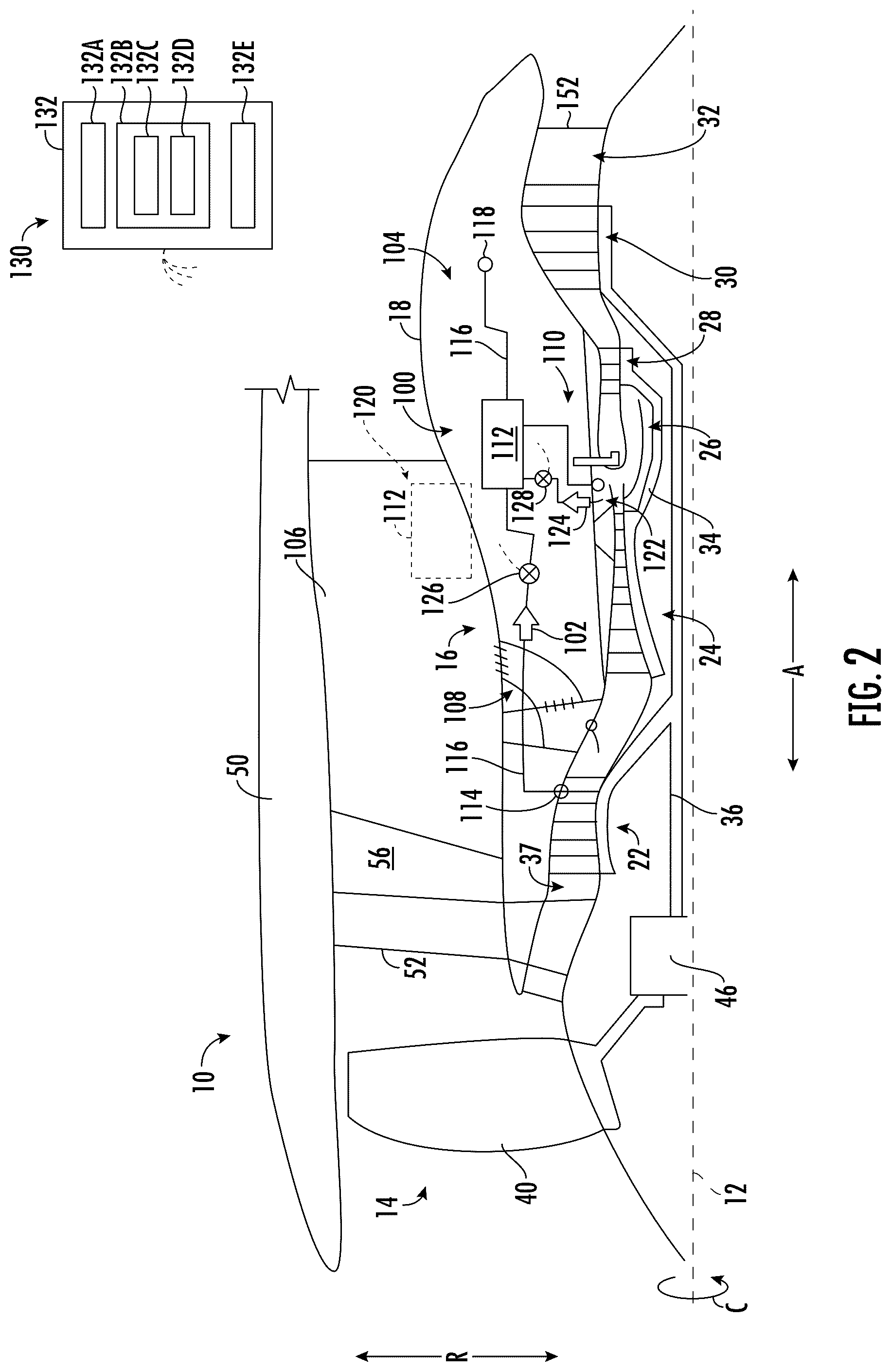 Patent US12460574 Figure 2 – Gas turbine engine having cooling systems