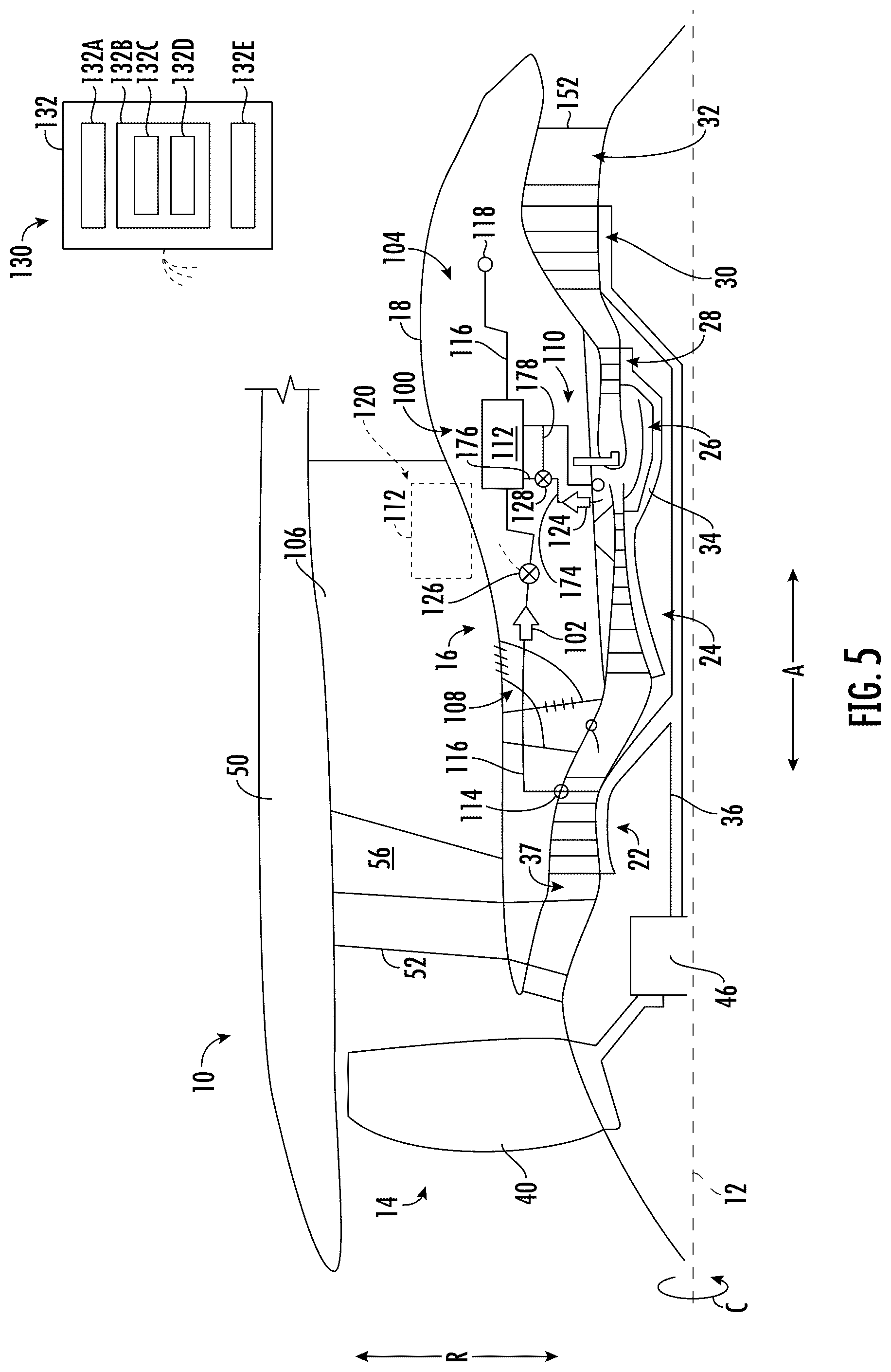 Patent US12460574 Figure 5 – Gas turbine engine having cooling systems