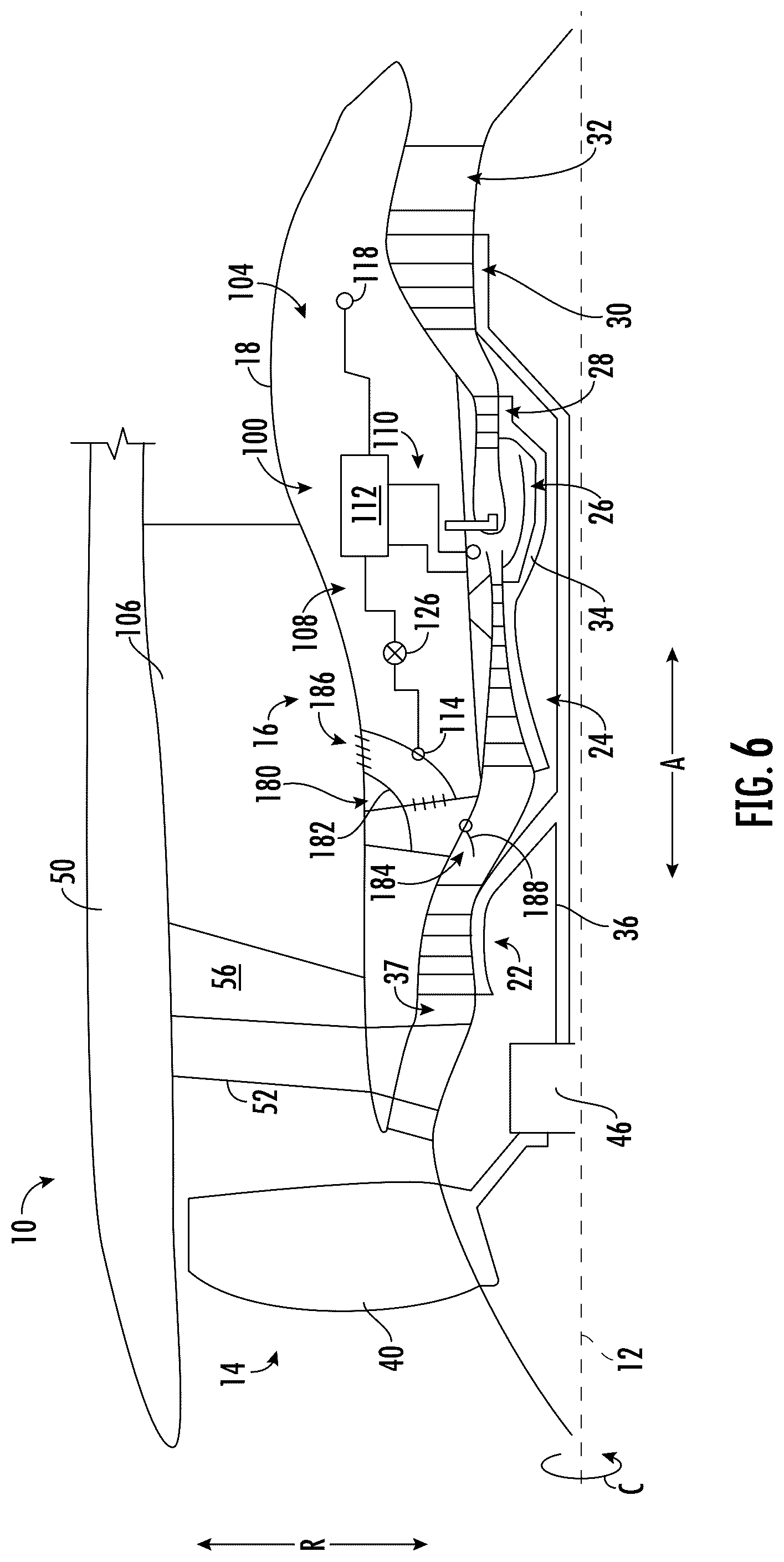 Patent US12460574 Figure 6 – Gas turbine engine having cooling systems