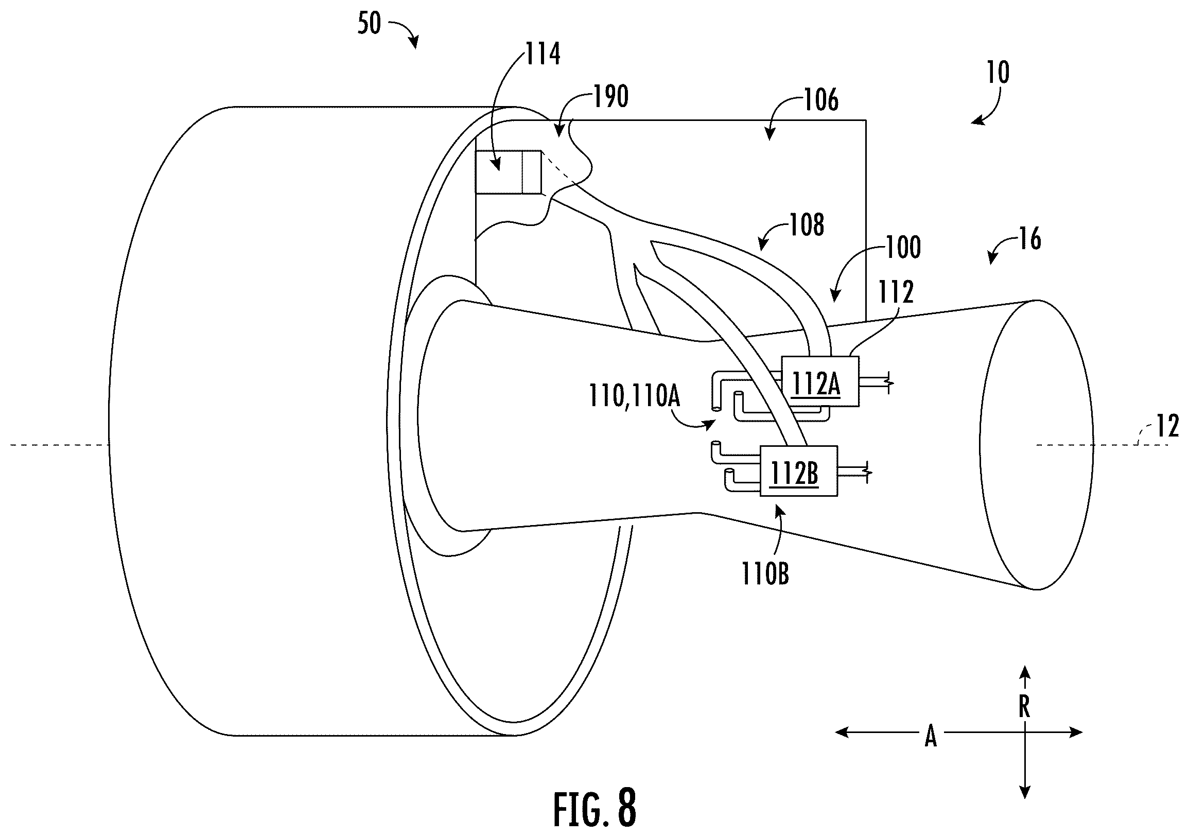 Patent US12460574 Figure 8 – Gas turbine engine having cooling systems