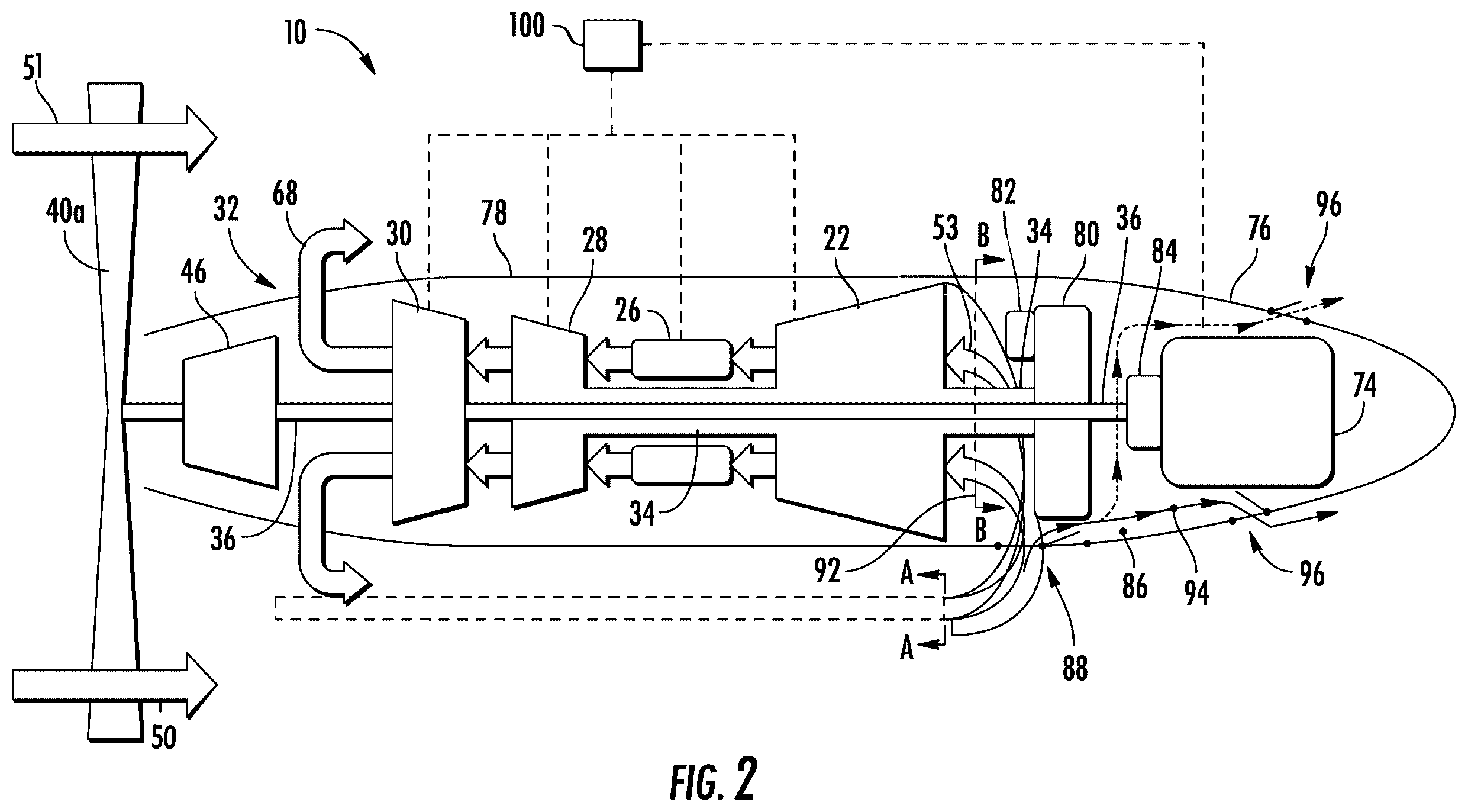 Patent US12460576 Figure 2 – Reverse flow gas turbine engine having electric machine