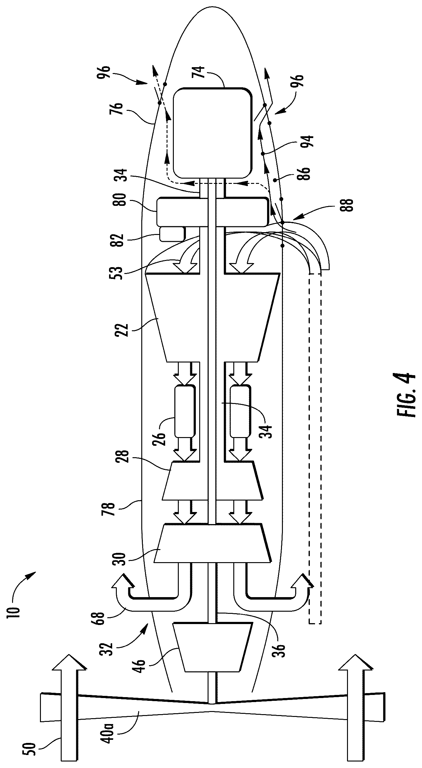 Patent US12460576 Figure 4 – Reverse flow gas turbine engine having electric machine