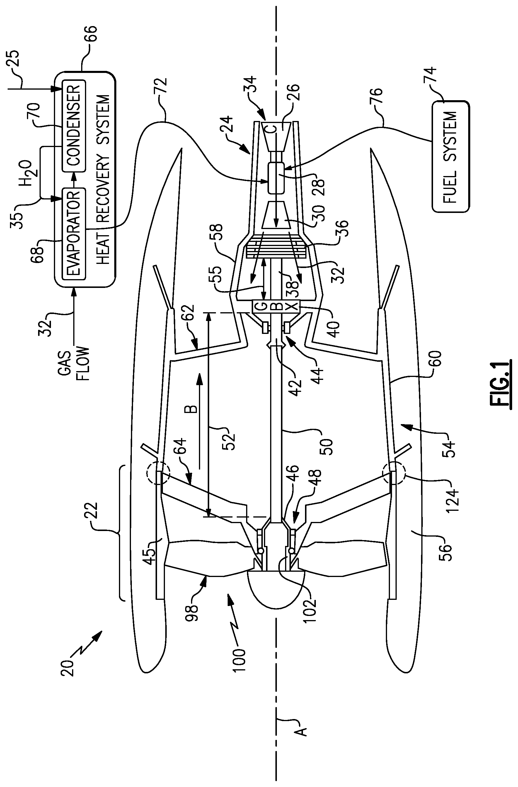 Patent US12460577 — AFT gear based engine with heat recovery system — Figure 1