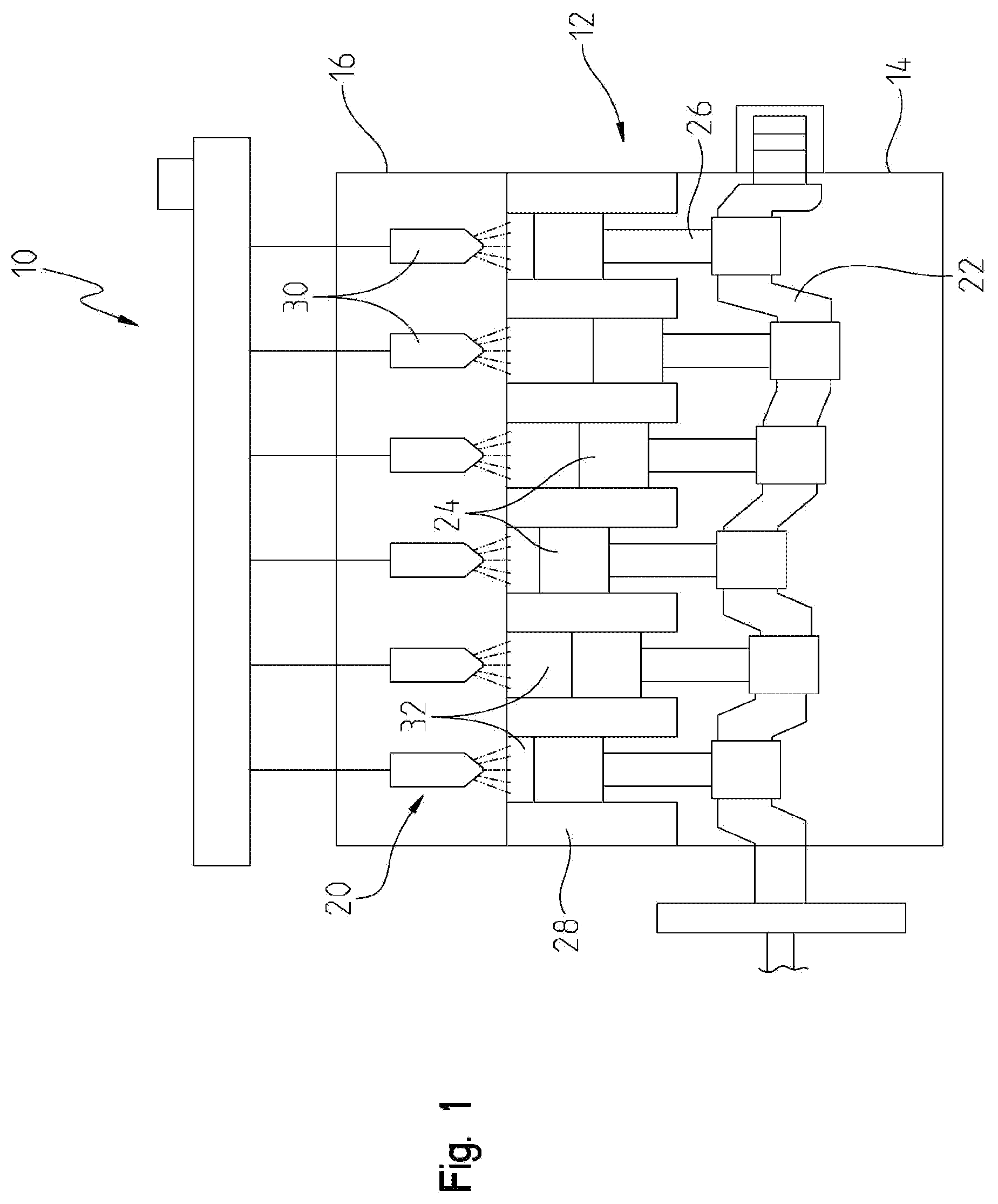 Patent US12460611 Figure 1 – Fuel injector having multiple rows of spray holes with different cross-sectional shapes for flow modulation