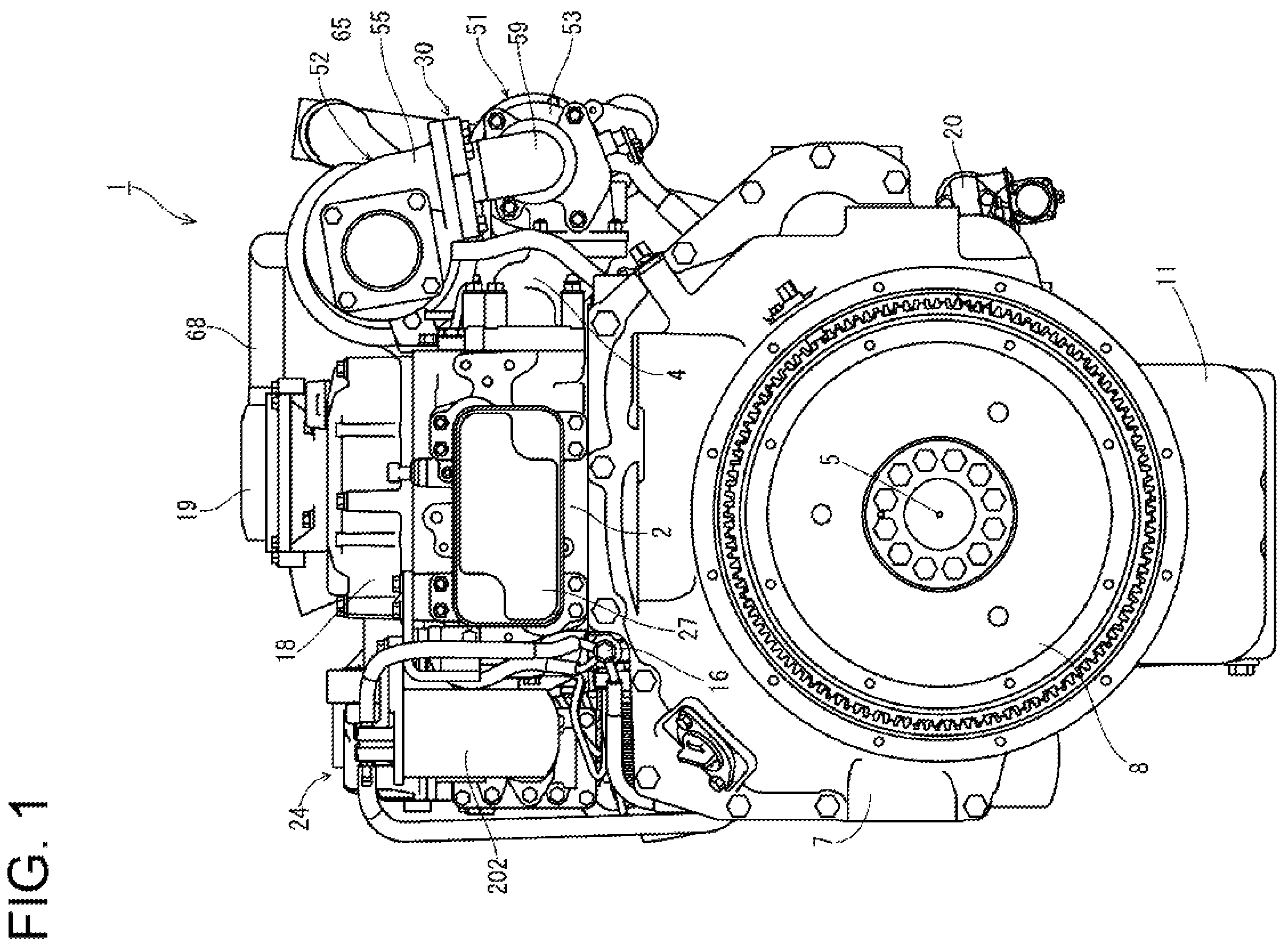 Patent US12460613 Figure 1 – Engine device including an orientation of a fuel return line attached to a common rail
