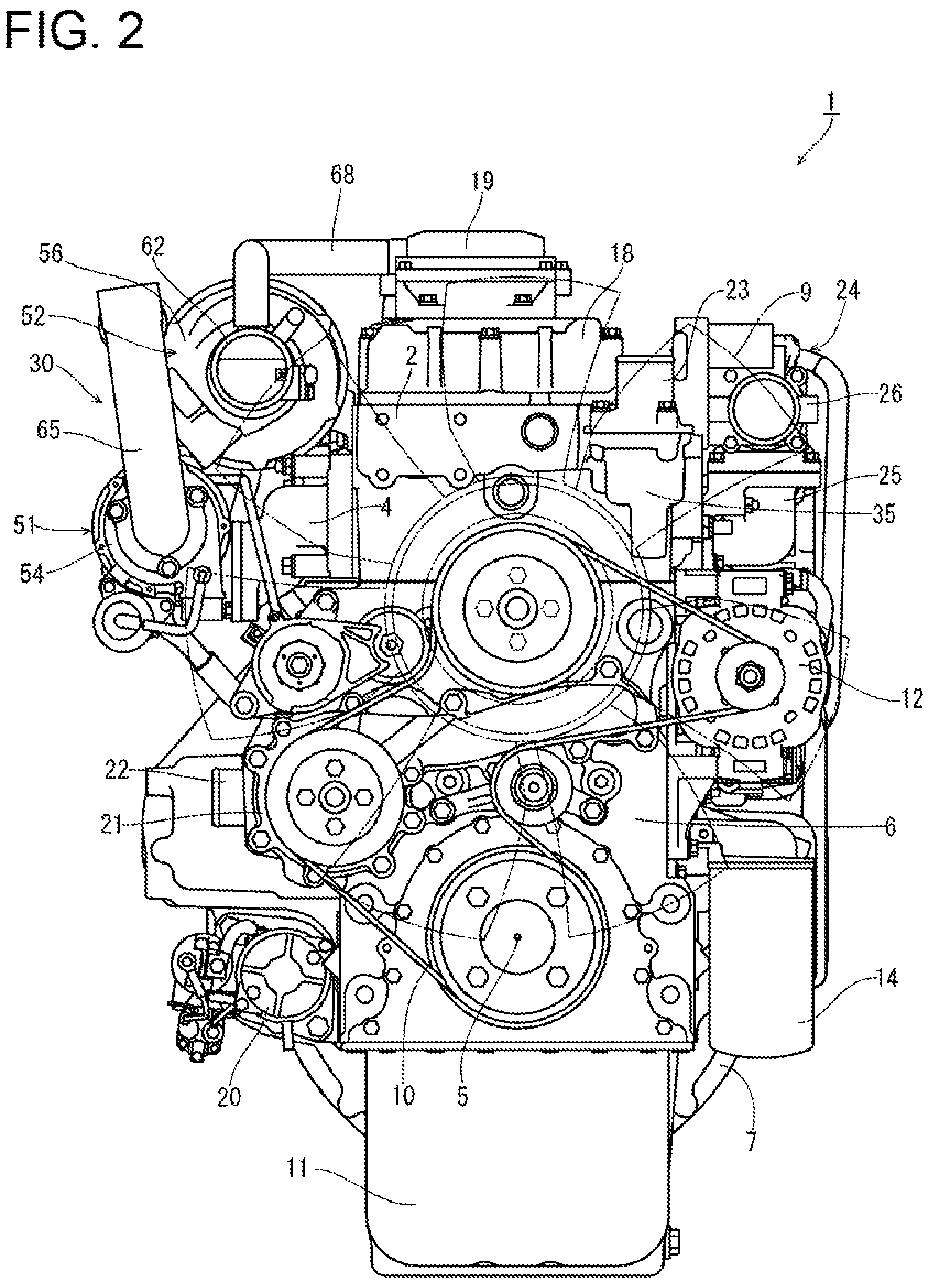 Patent US12460613 Figure 2 – Engine device including an orientation of a fuel return line attached to a common rail