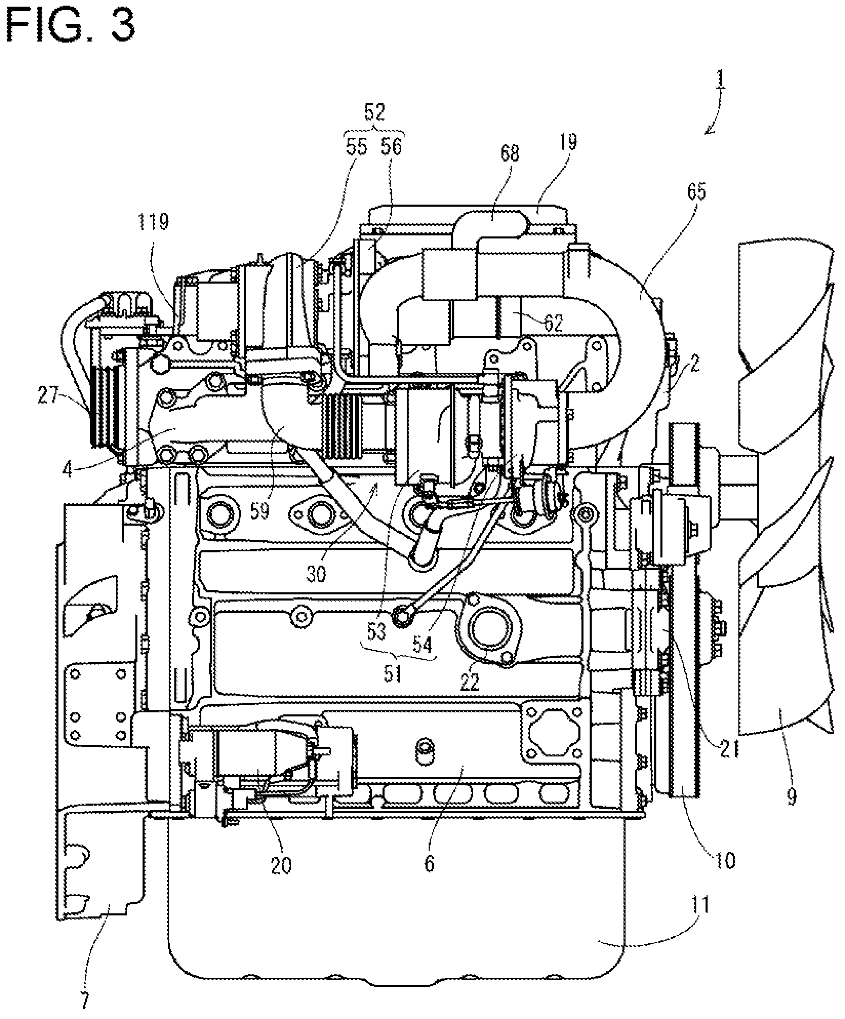 Patent US12460613 Figure 3 – Engine device including an orientation of a fuel return line attached to a common rail