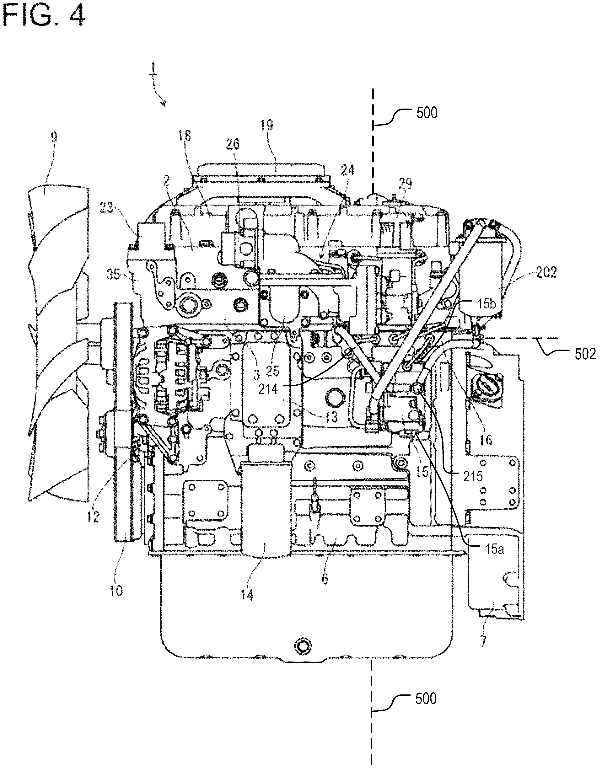 Patent US12460613 Figure 4 – Engine device including an orientation of a fuel return line attached to a common rail