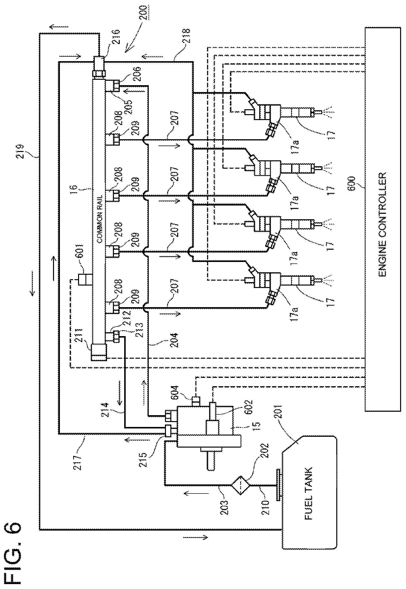 Patent US12460613 Figure 6 – Engine device including an orientation of a fuel return line attached to a common rail
