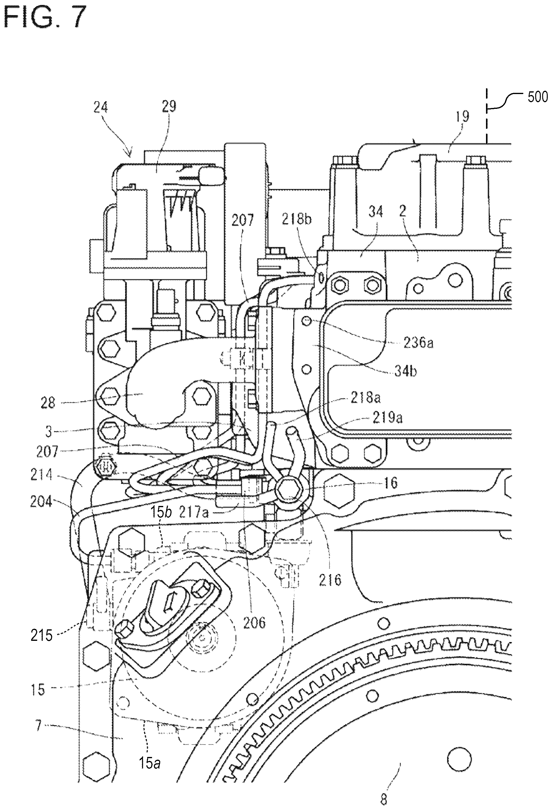 Patent US12460613 Figure 7 – Engine device including an orientation of a fuel return line attached to a common rail
