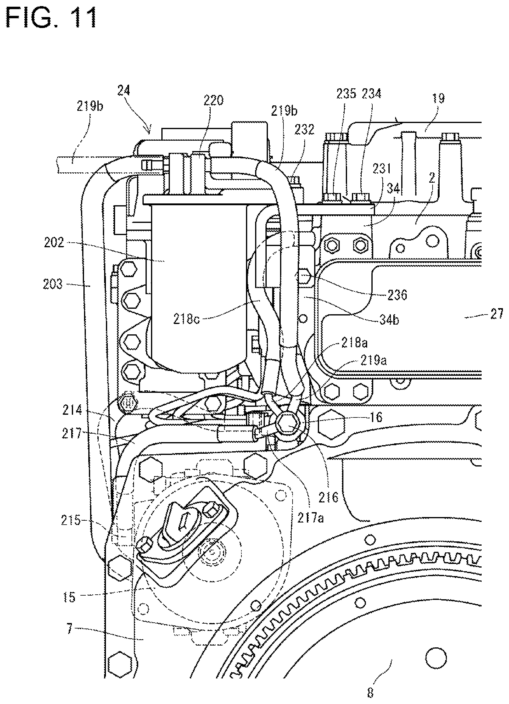 Patent US12460613 Figure 11 – Engine device including an orientation of a fuel return line attached to a common rail