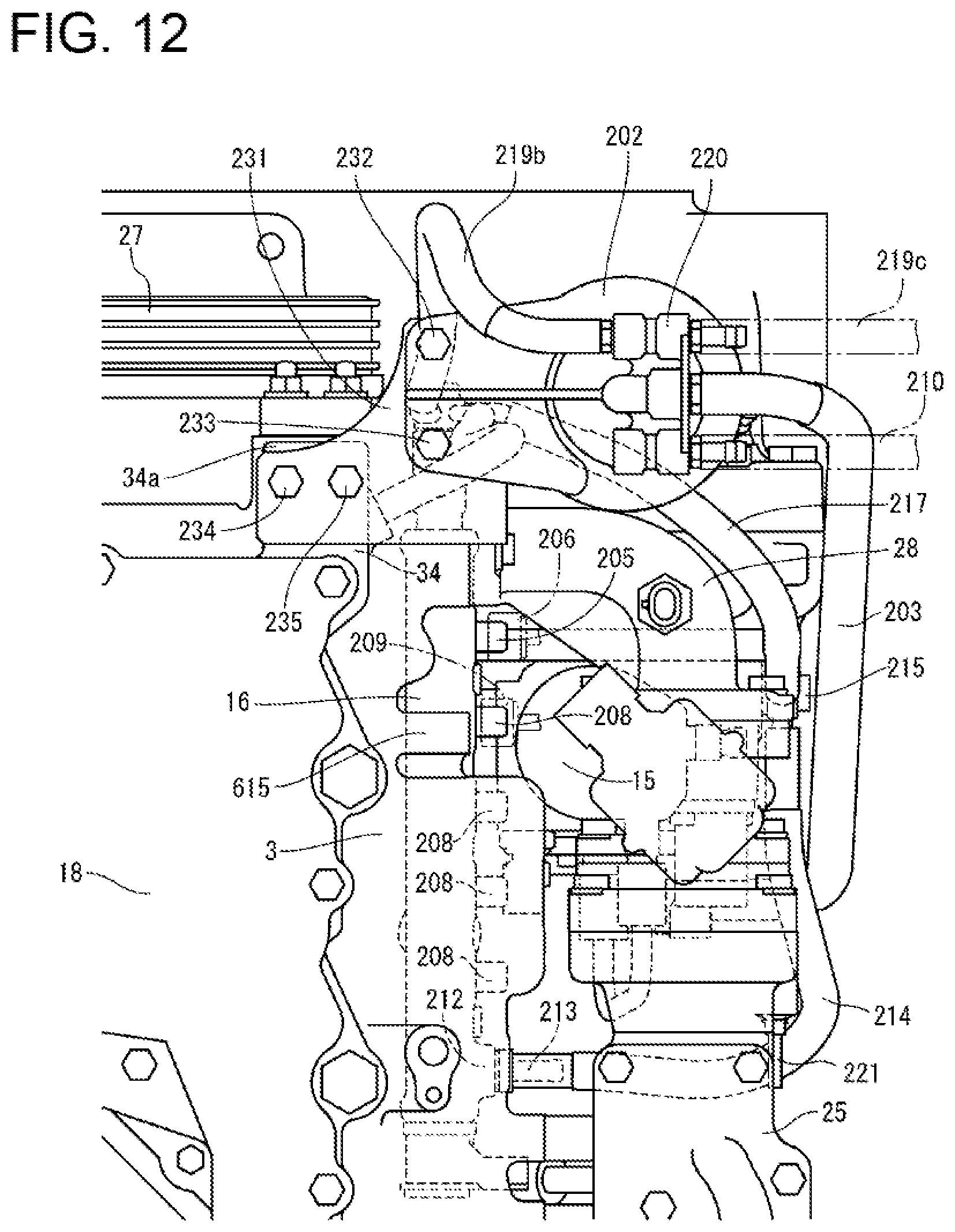 Patent US12460613 Figure 12 – Engine device including an orientation of a fuel return line attached to a common rail