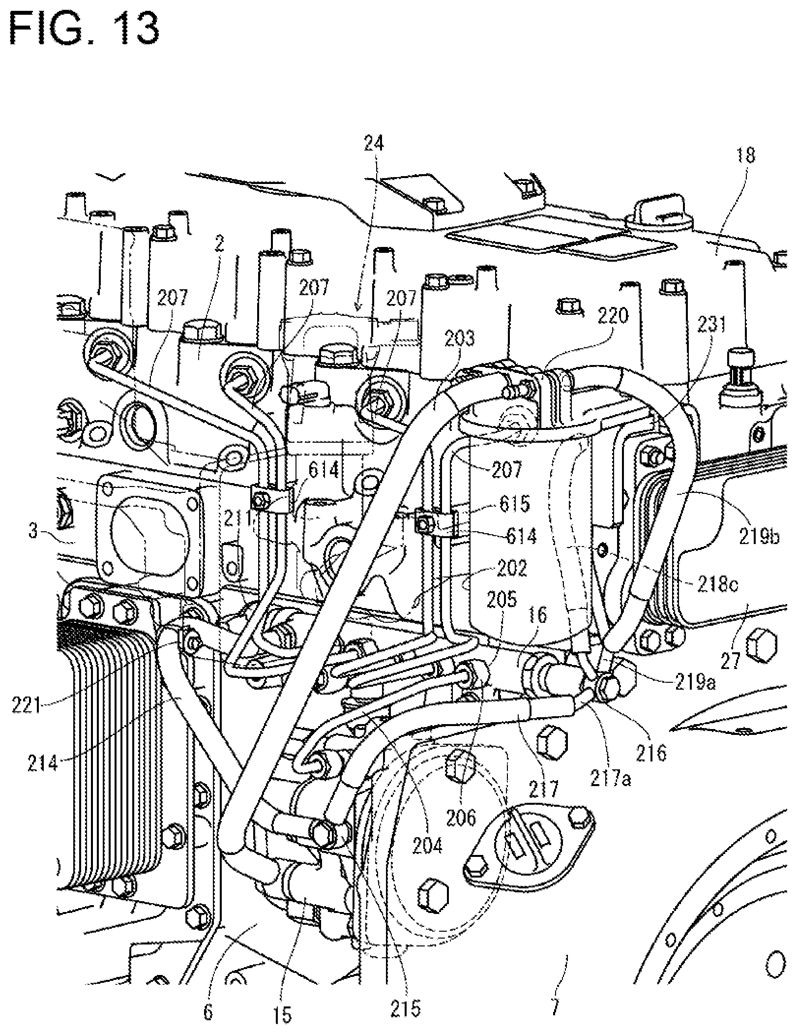 Patent US12460613 Figure 13 – Engine device including an orientation of a fuel return line attached to a common rail