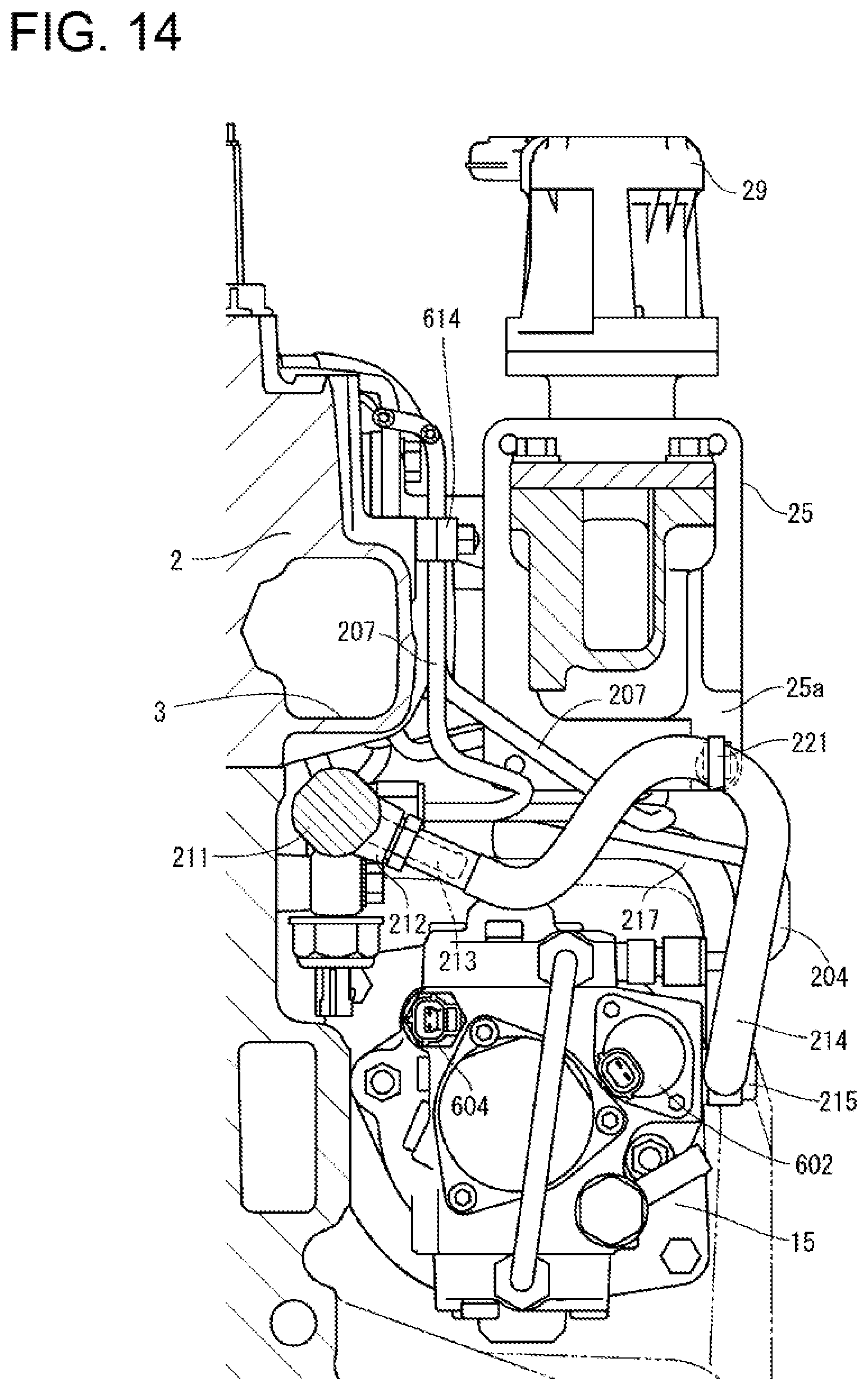 Patent US12460613 Figure 14 – Engine device including an orientation of a fuel return line attached to a common rail