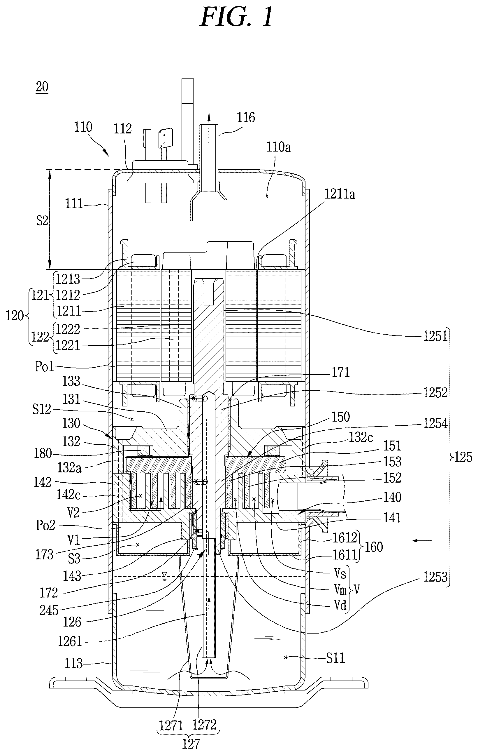 Patent US12460638 Figure 1 – Scroll compressor