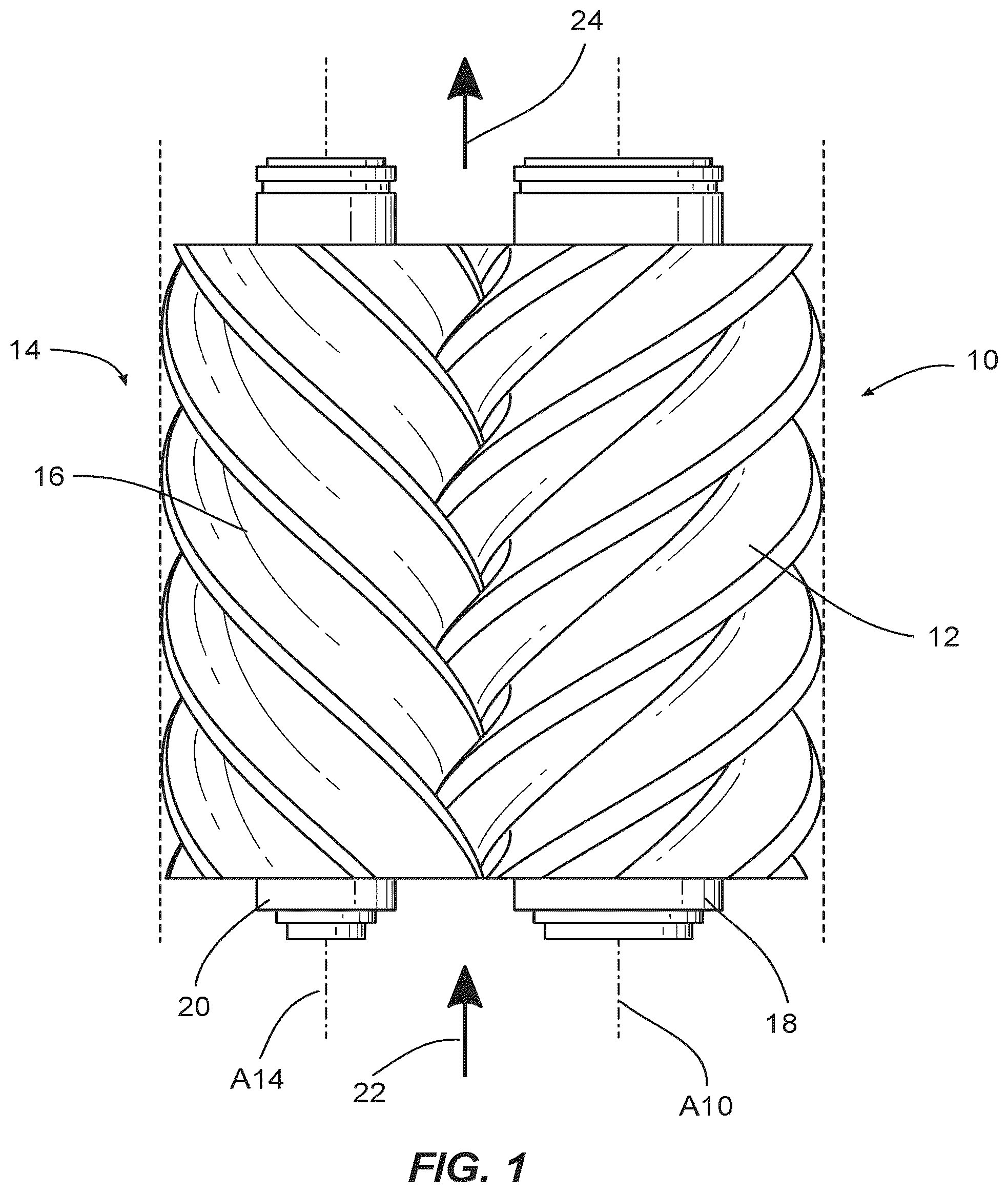 Patent US12460640 Figure 1 – Complex screw rotors with a central circular cross section connecting right-hand and left-hand sections of the rotors