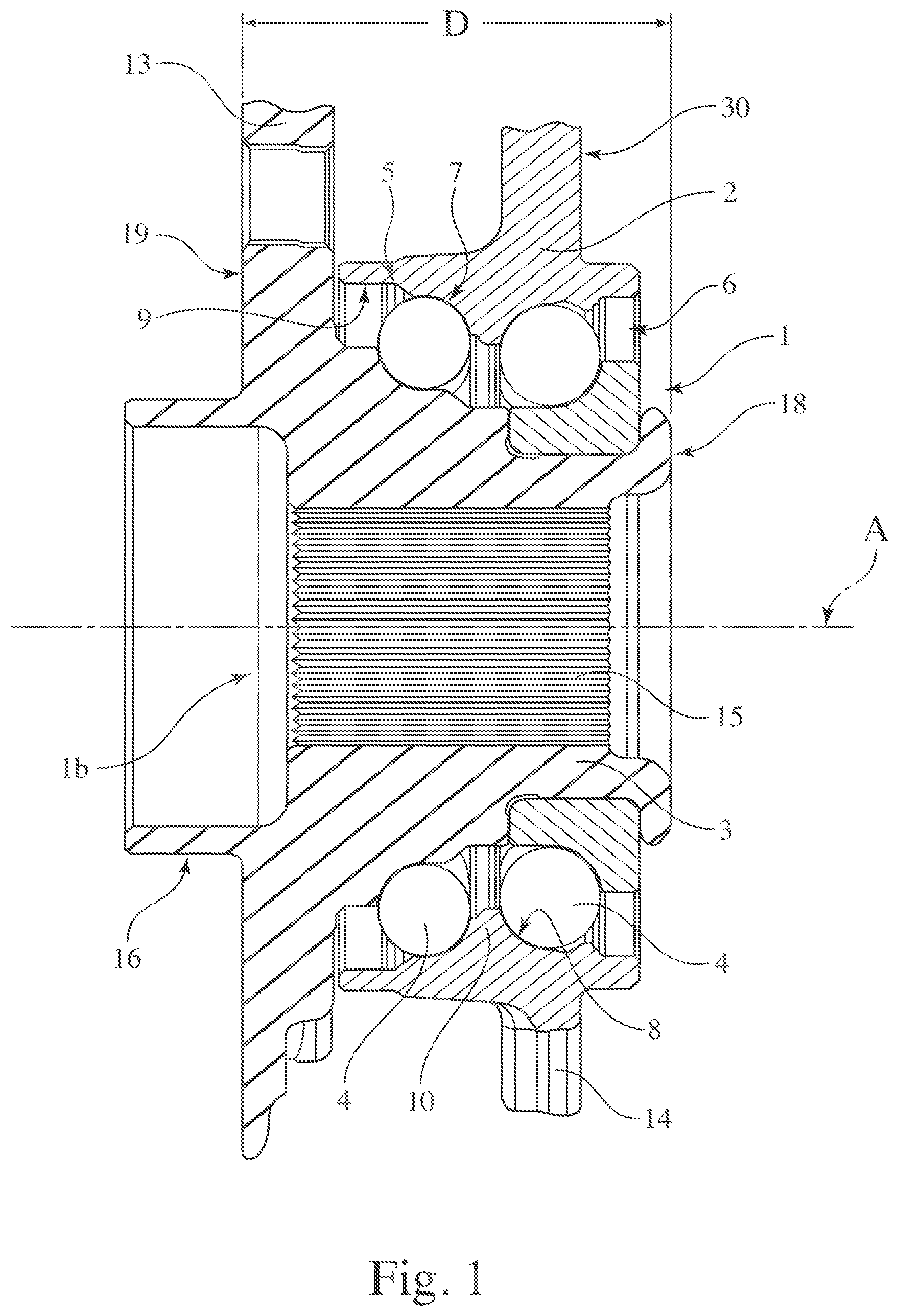 Patent US12460676 Figure 1 – Roller bearing having radially inner raceways with an optimized profile and associated radially outer ring of a bearing
