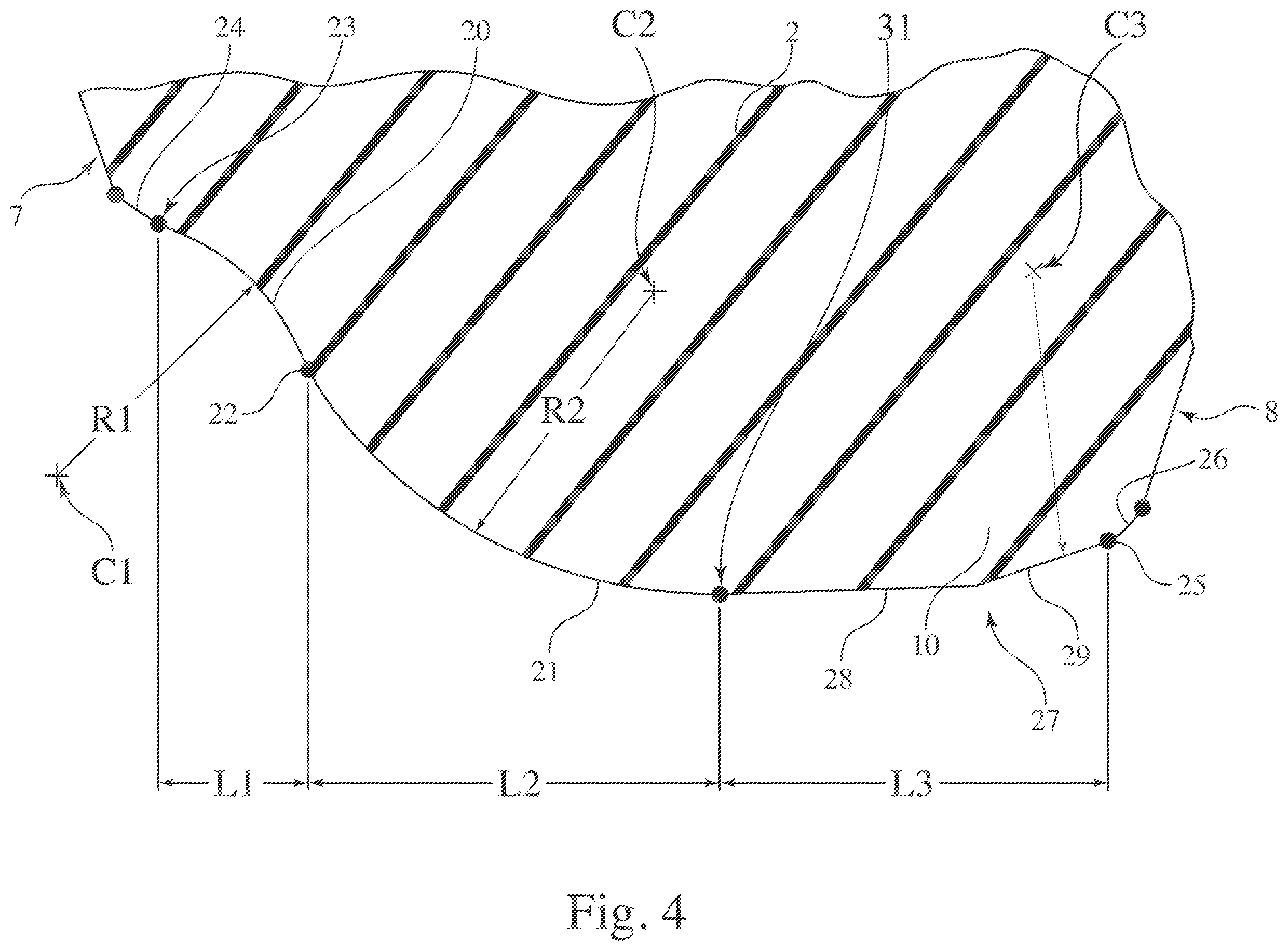 Patent US12460676 Figure 4 – Roller bearing having radially inner raceways with an optimized profile and associated radially outer ring of a bearing