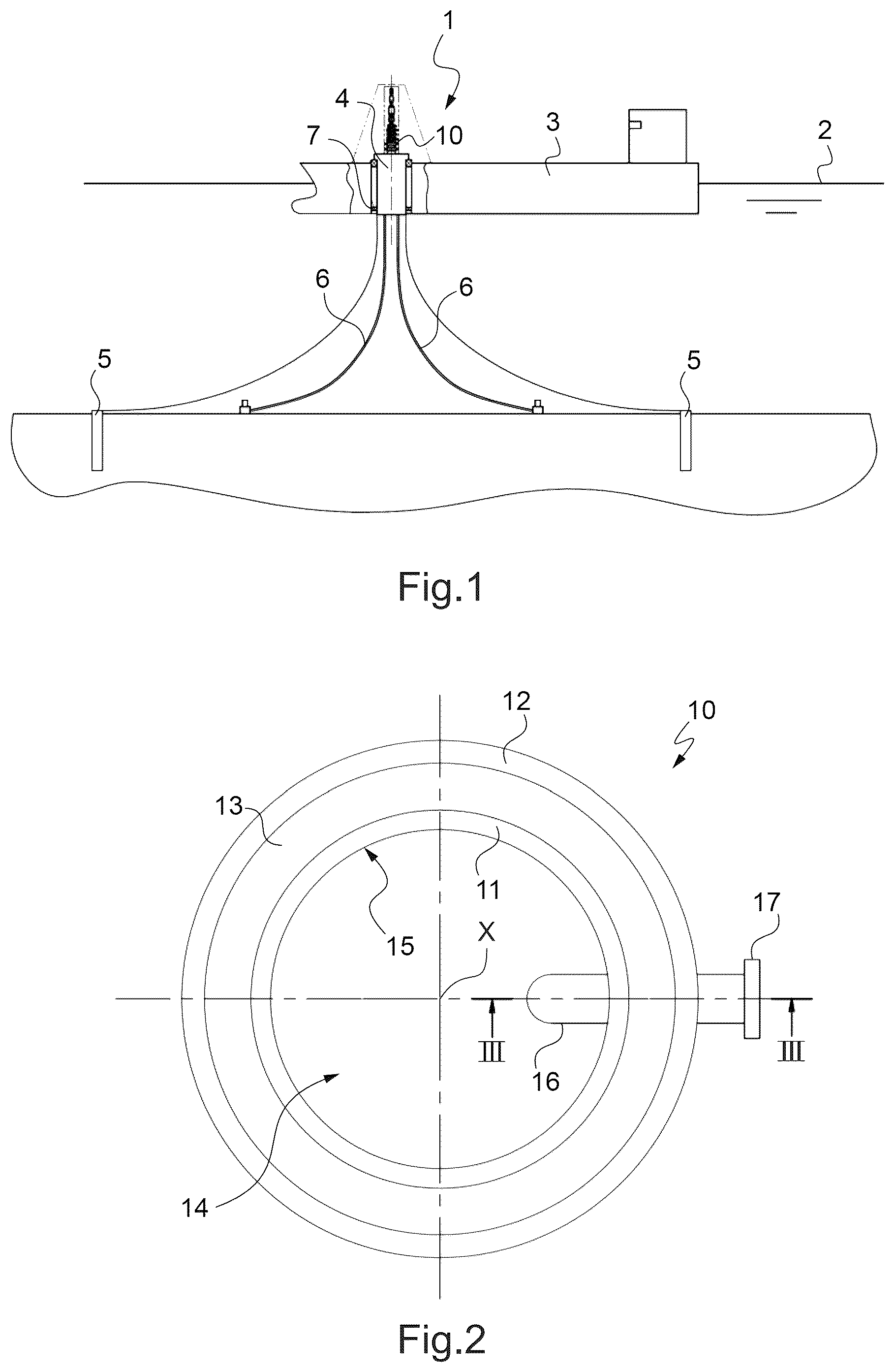 Patent US12460755 Figure 1 – Rotating joint device for a fluid energy exploitation installation, offshore platform type, and installation comprising such a device