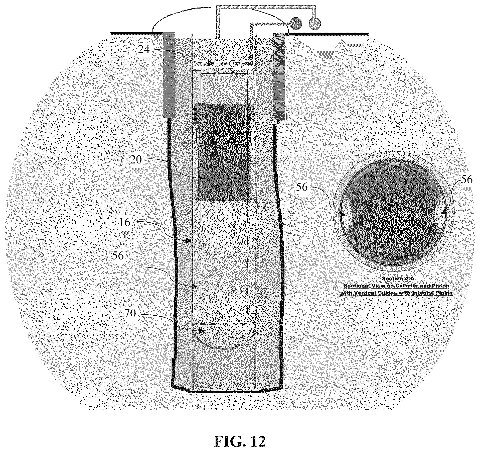 Patent US12460771 Figure 12 – Electric energy storage in the form of underground gravity and buoyant energy