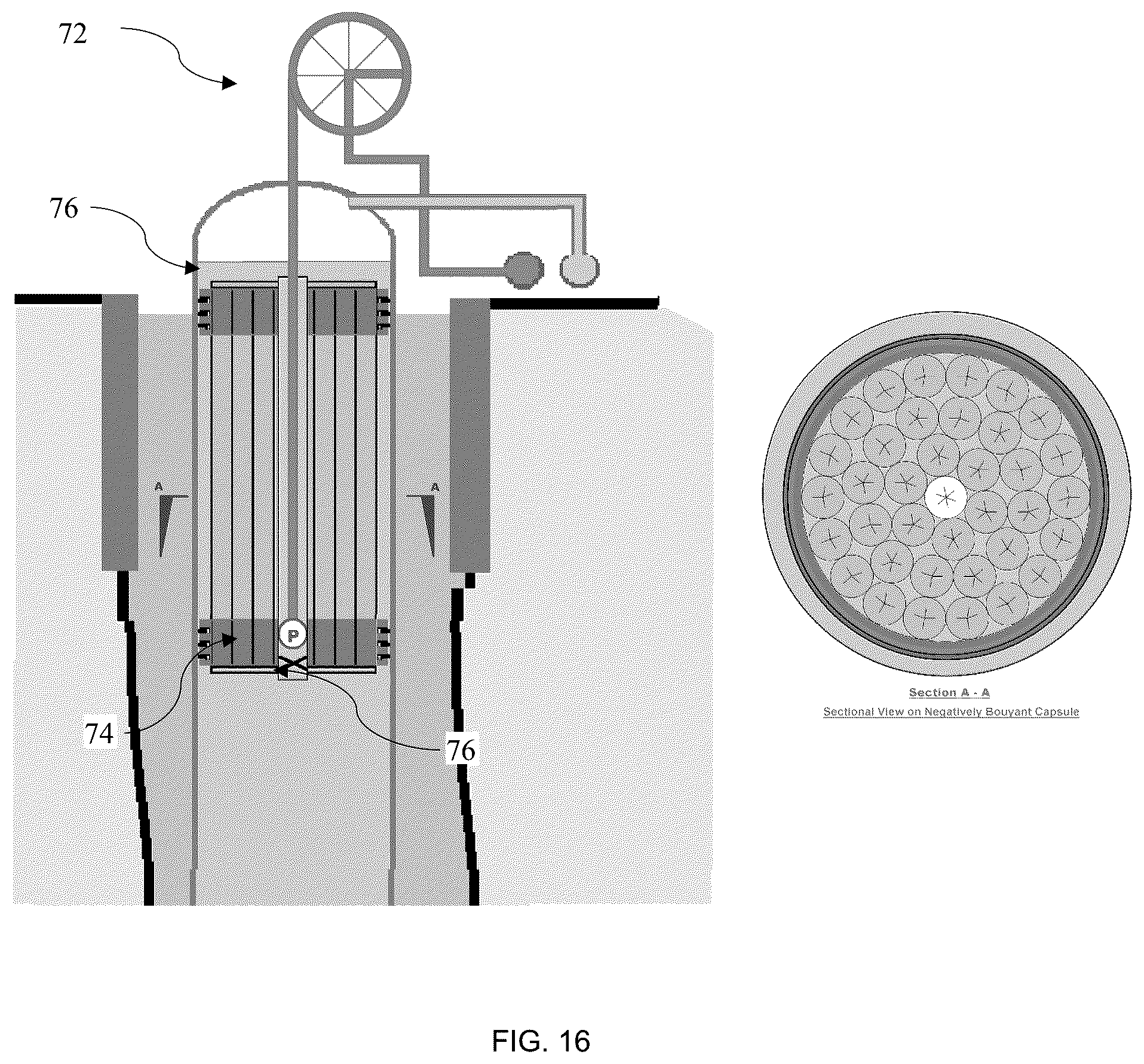 Patent US12460771 Figure 16 – Electric energy storage in the form of underground gravity and buoyant energy