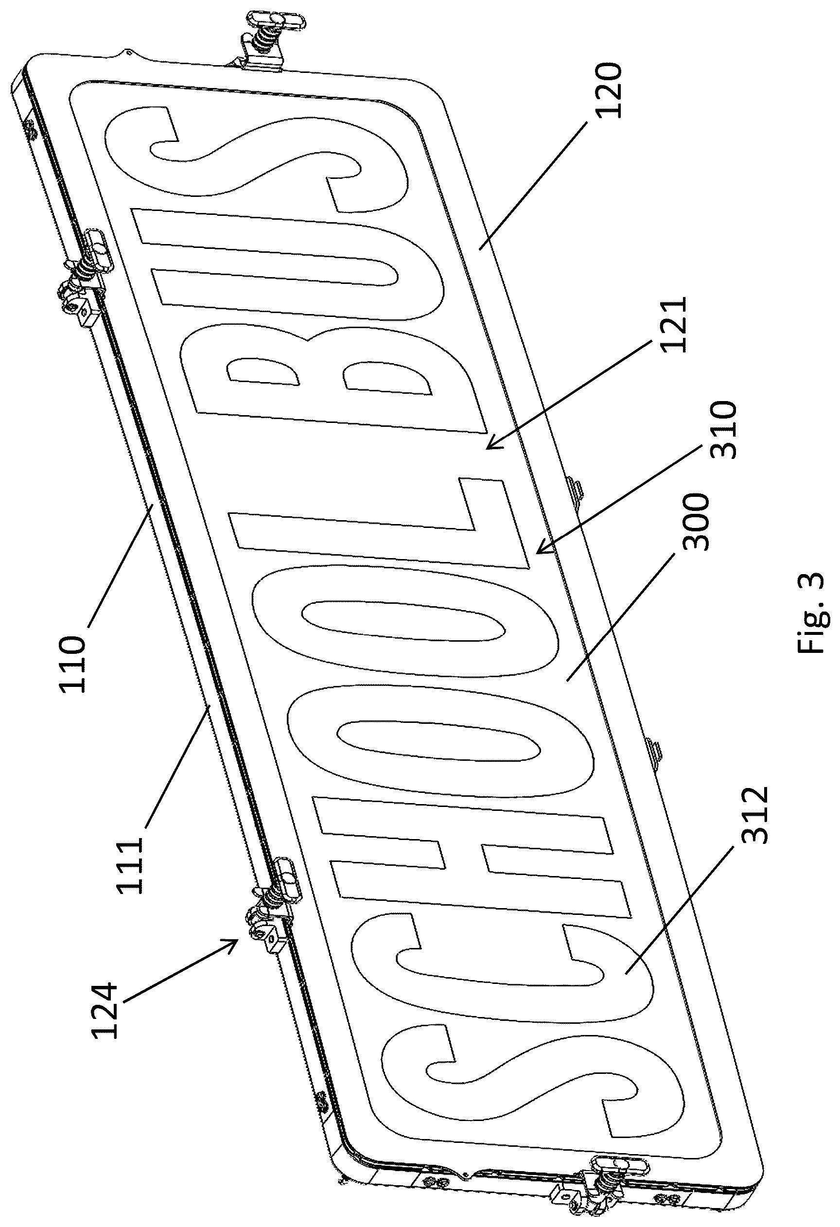Patent US12460788 Figure 3 – Illuminated sign device with replaceable lens