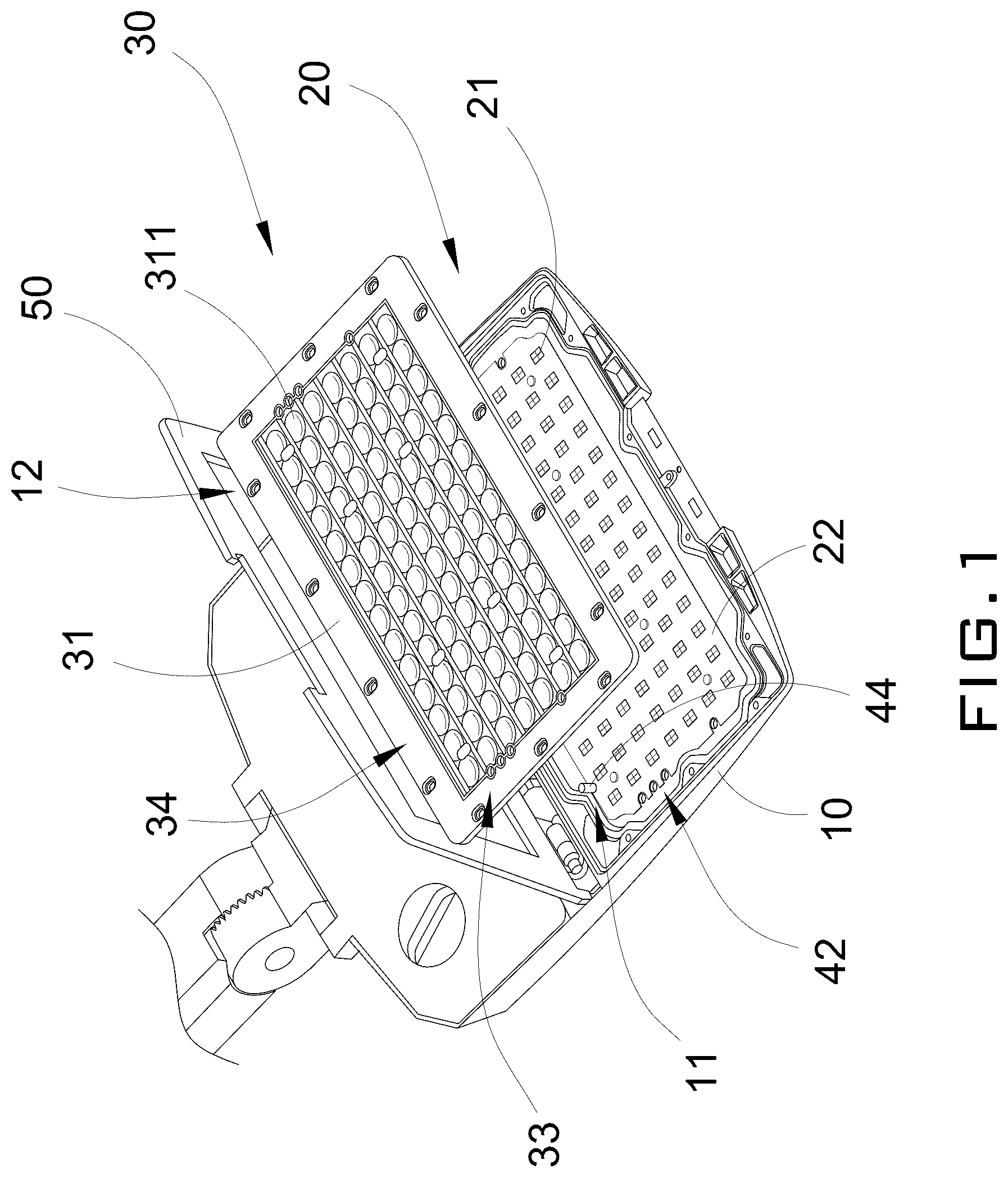 Patent US12460792 Figure 1 – Lighting fixture with adjustable lens module