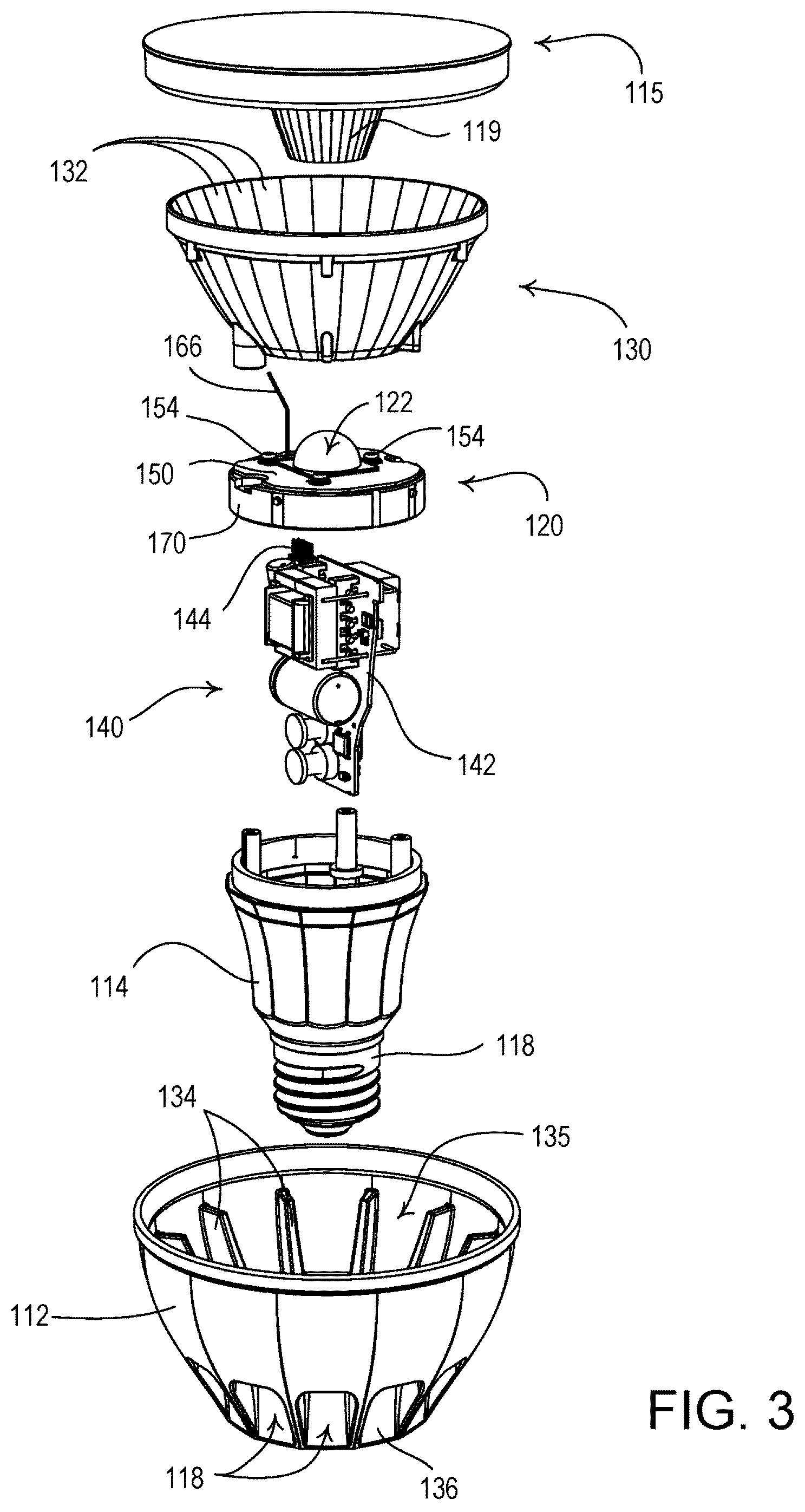 Patent US12460809 Figure 3 – Lighting device with inner and outer heat sinks having different thermal conductivities