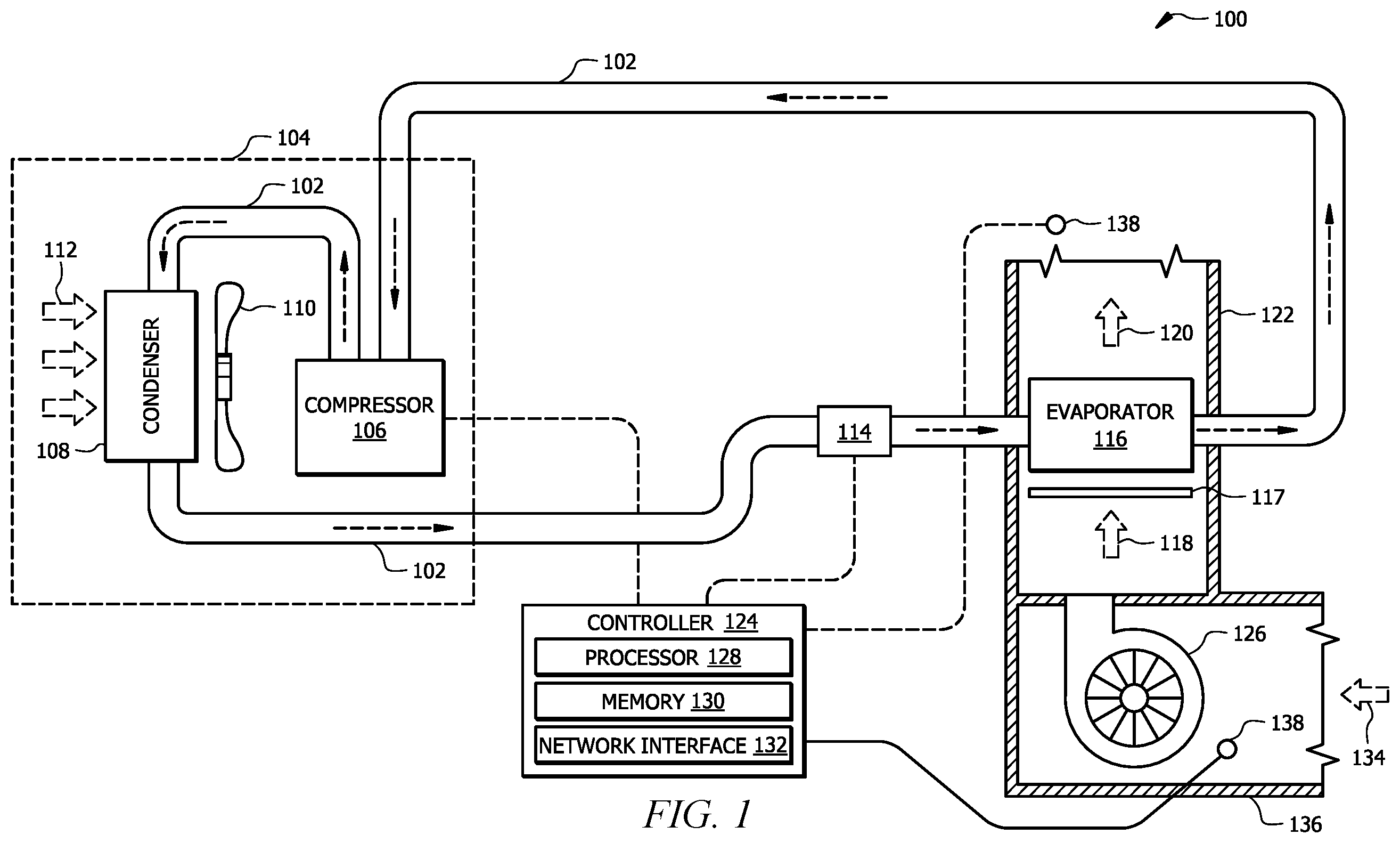 Patent US12460832 Figure 1 – Refrigerant detection for a cooling system