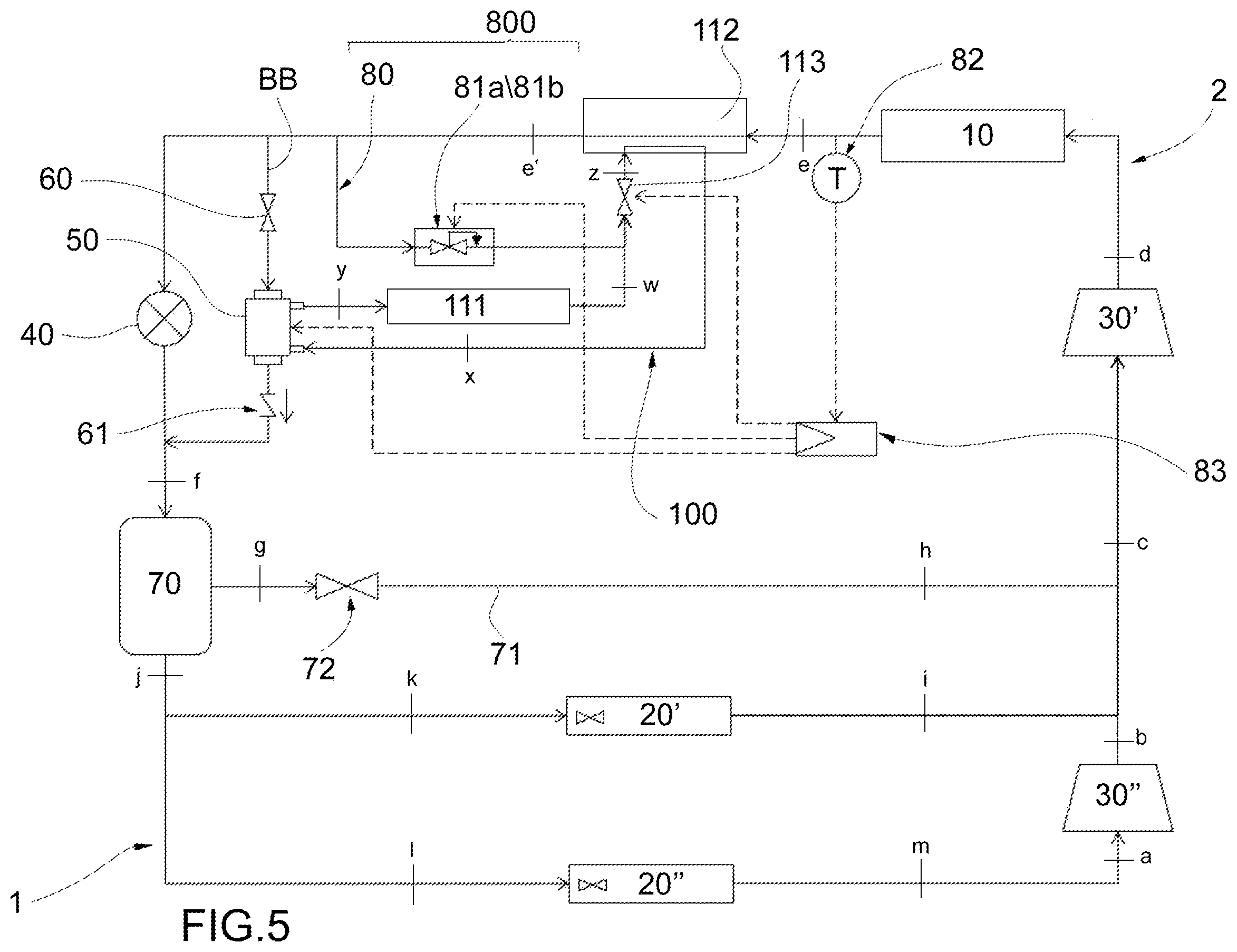 Patent US12460843 Figure 5 – Vapour compression refrigeration system with rotary pressure exchanger and management method of such a system