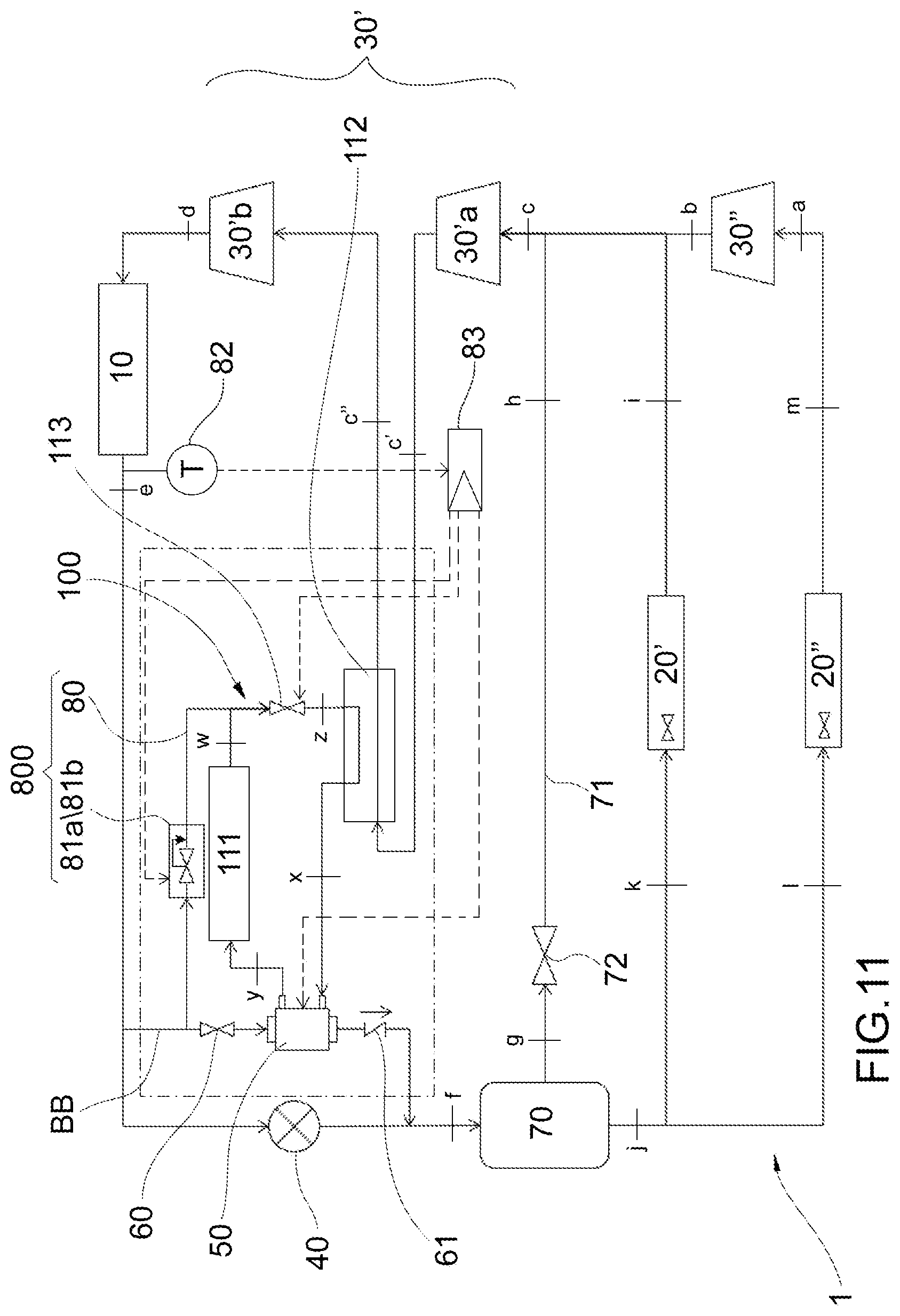 Patent US12460843 Figure 11 – Vapour compression refrigeration system with rotary pressure exchanger and management method of such a system