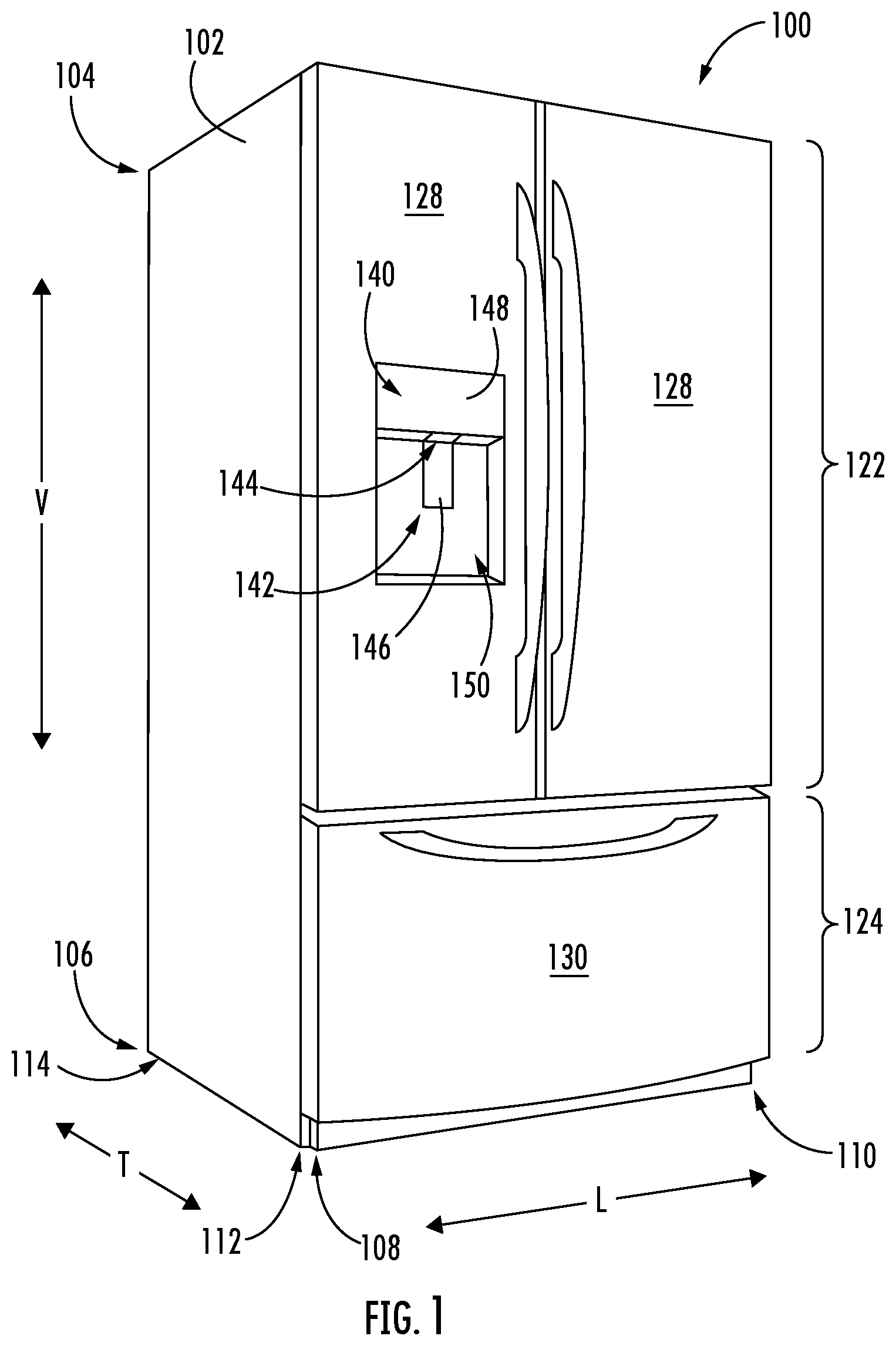 Patent US12460858 Figure 1 – Snap fit attachment feature for a mullion assembly of a refrigerator appliance