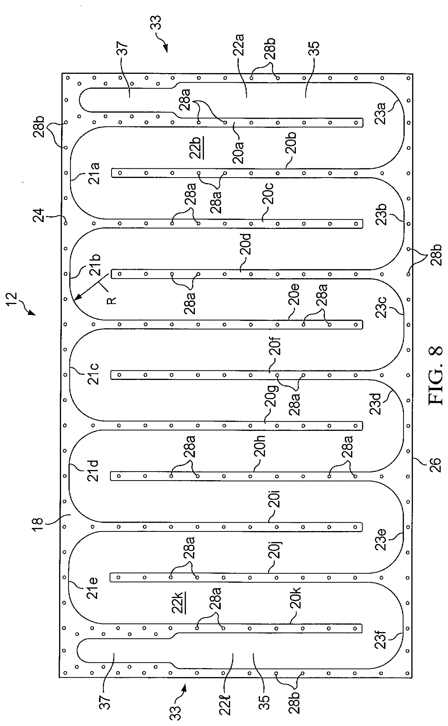 Patent US12460873 Figure 8 – Heat exchanger, plate element therefor, and method of construction