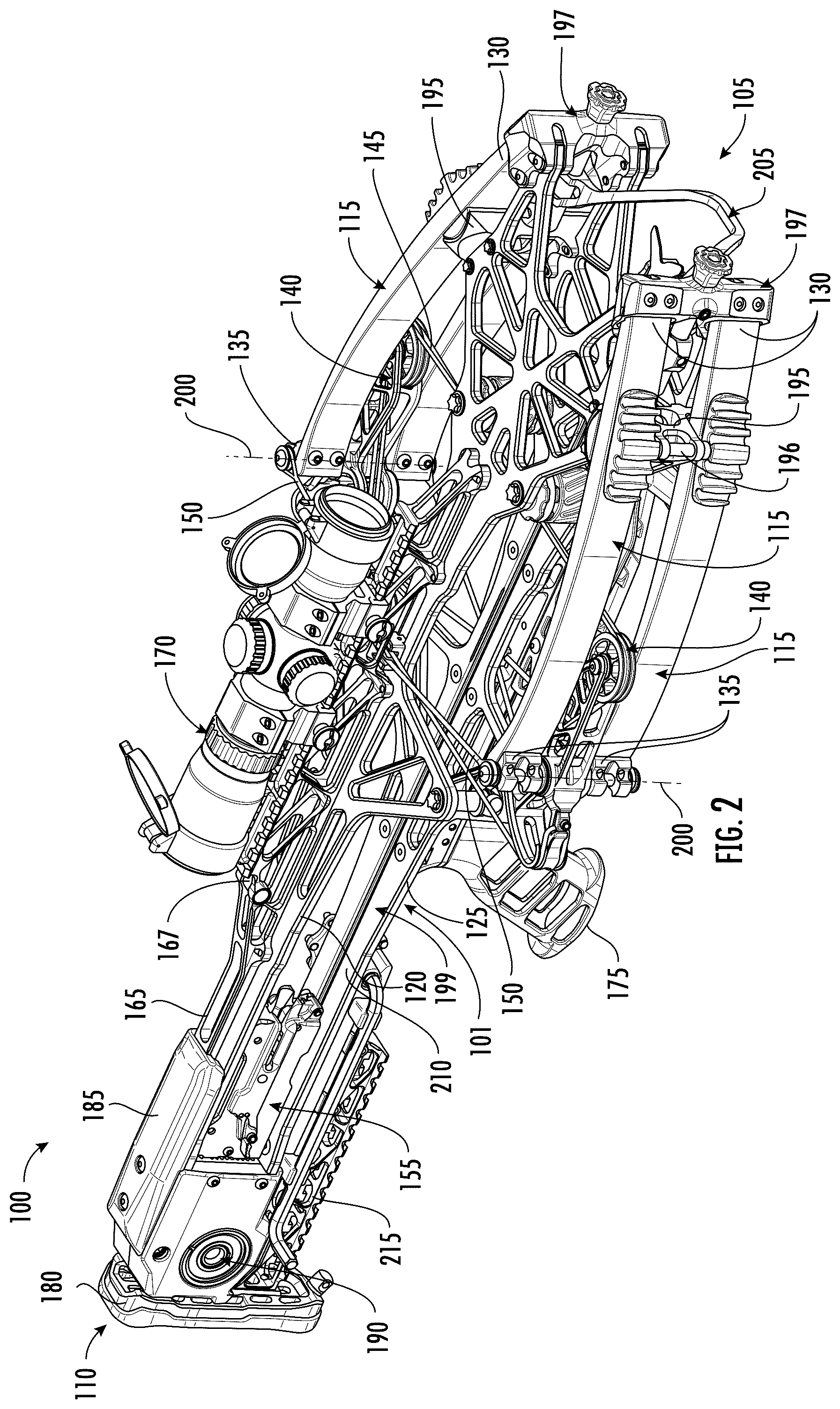 Patent US12460893 Figure 3 – Crossbow with draw string coupled to fixed location