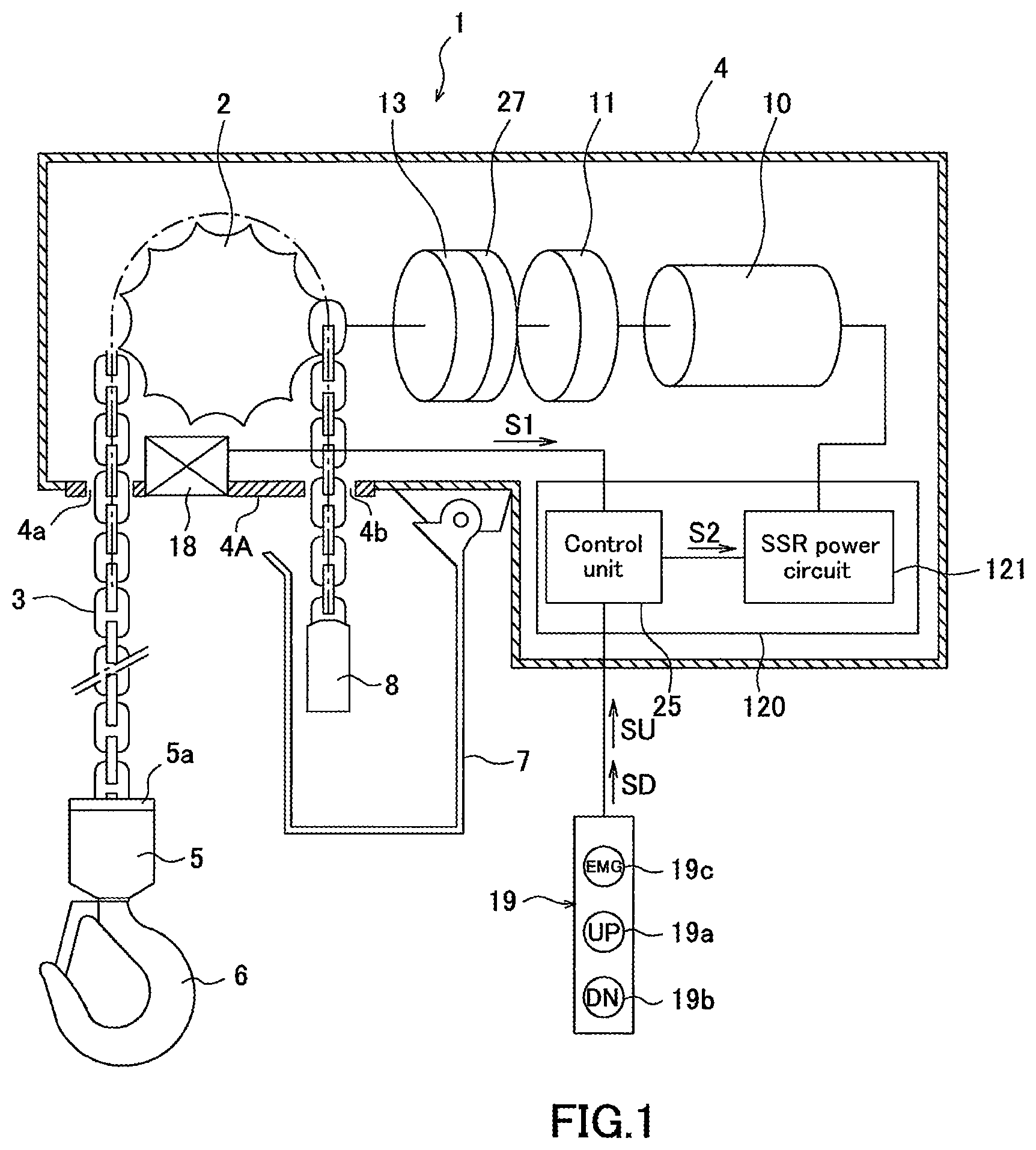 Patent US12460980 Figure 1 – Upper and lower limit detecting apparatus and method for electric chain block