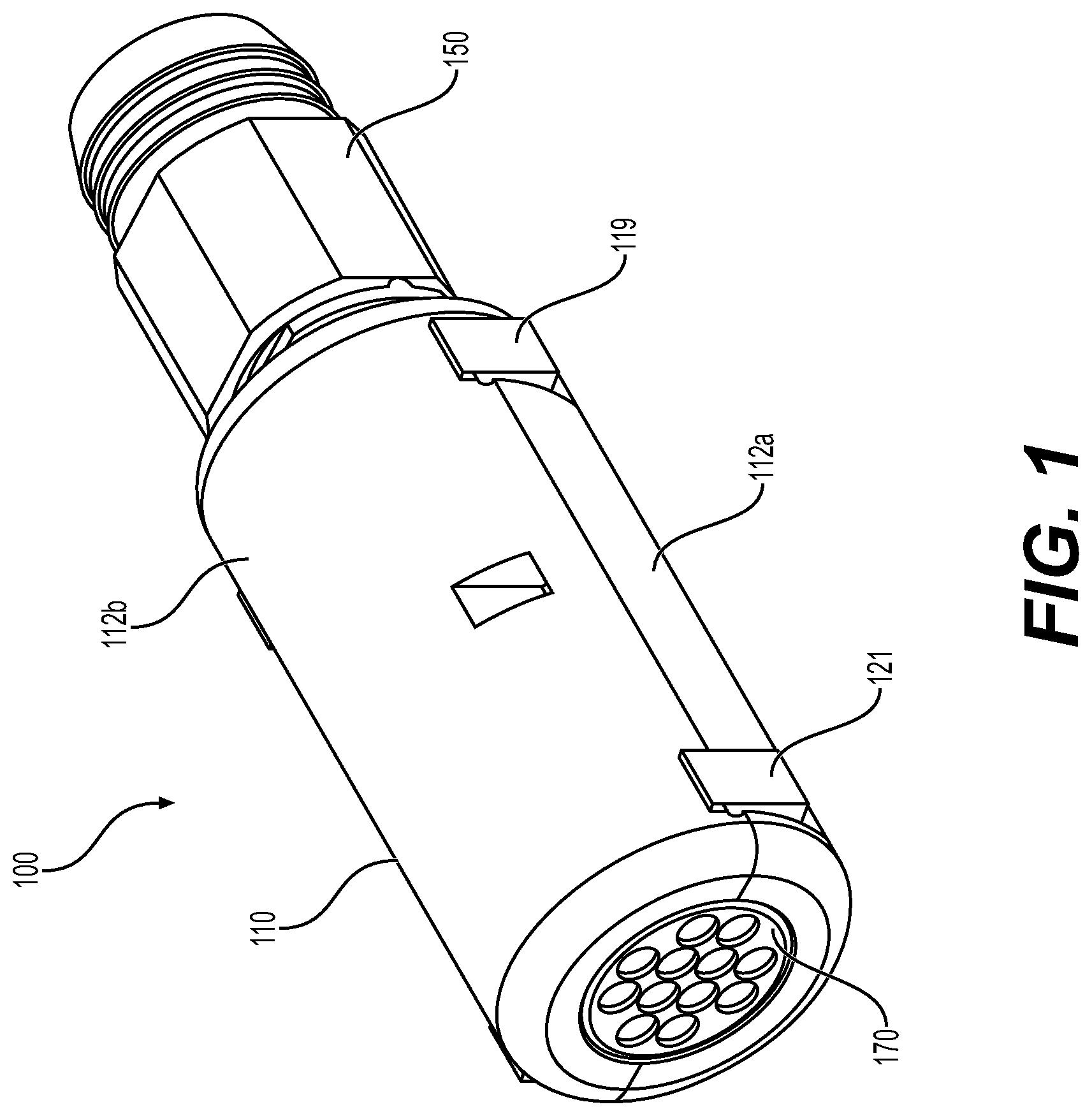 Patent US12468110 Figure 1 – Breakout that is configured to be tool-lessly coupled with a multi-fiber cable
