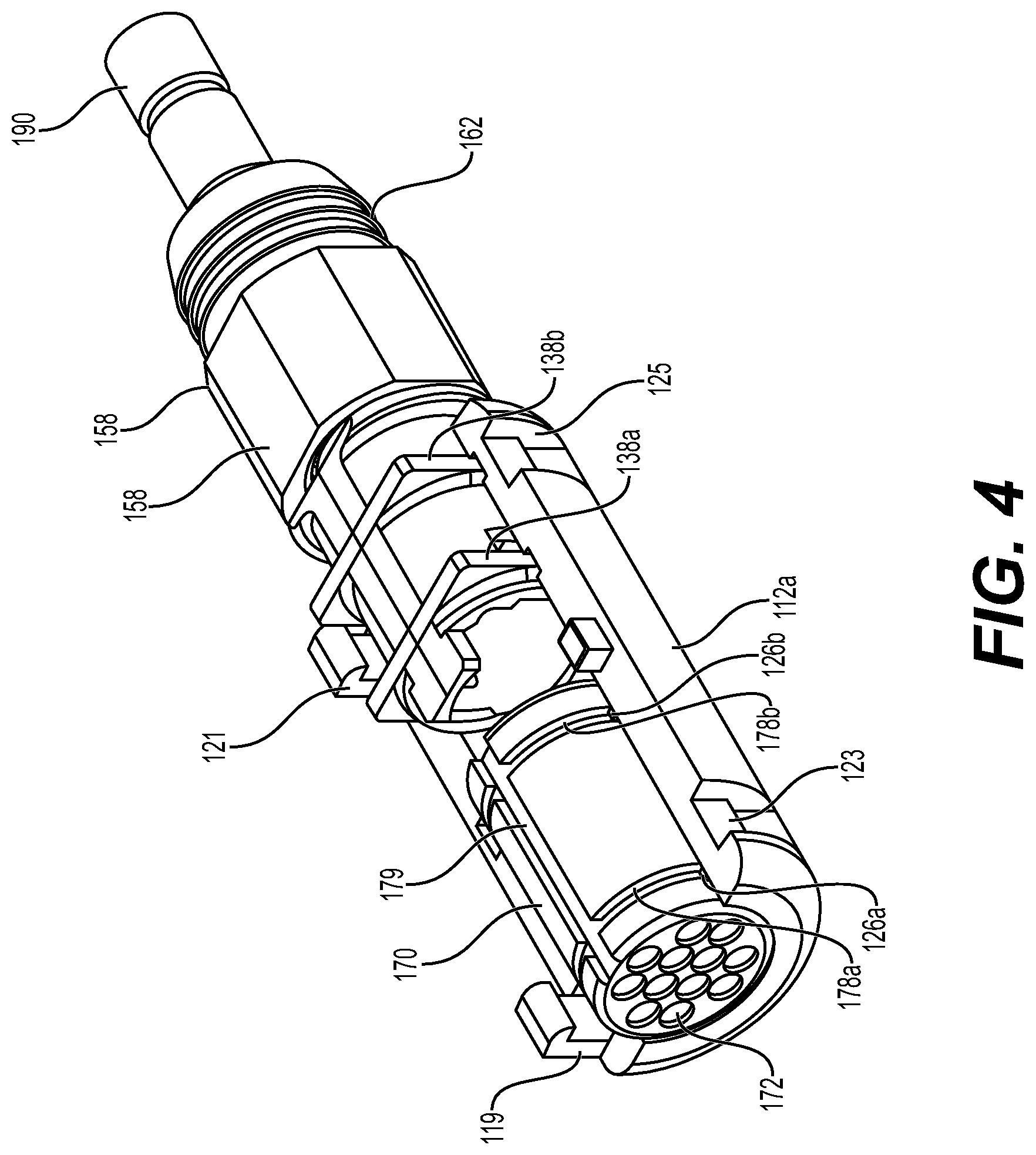 Patent US12468110 Figure 4 – Breakout that is configured to be tool-lessly coupled with a multi-fiber cable