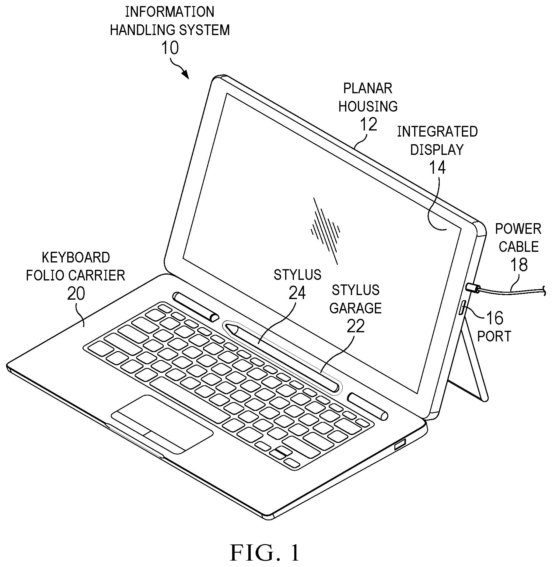 Patent US12468336 Figure 1 – Information handling system folio stylus garage power management