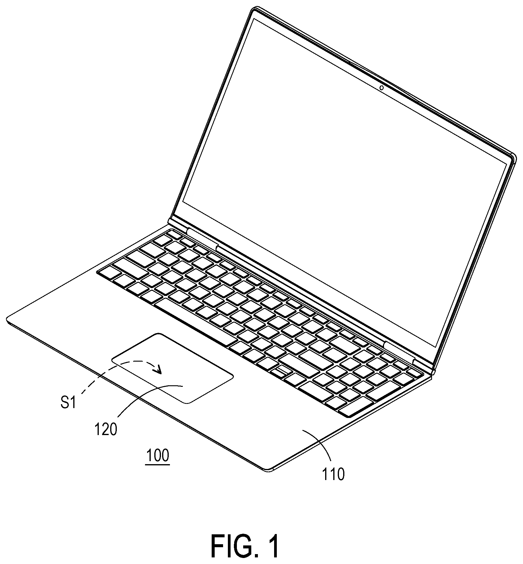 Patent US12468356 Figure 1 – Laptop computer with detachable touchpad module